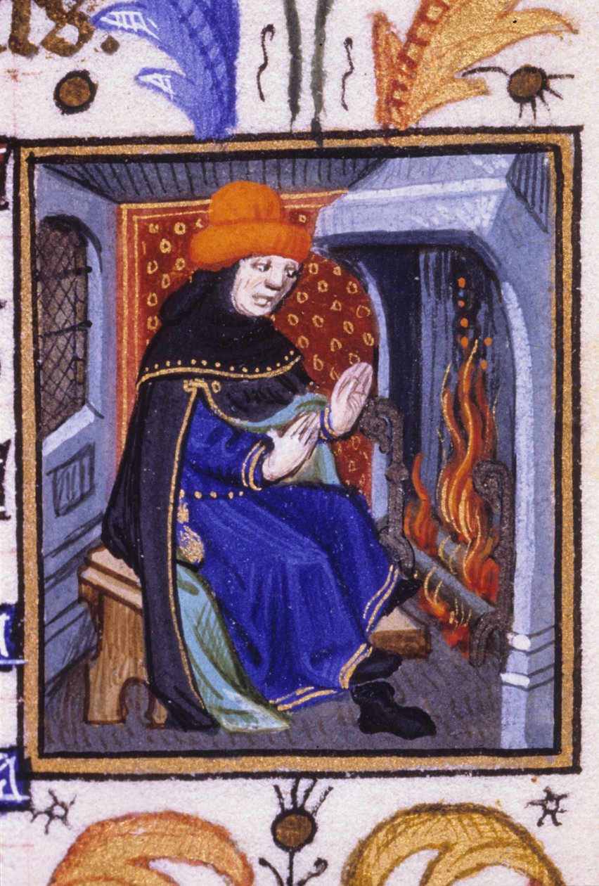 Allegorisk fremstilling av februar. En mann blir varm foran peisen sin. Miniatyr av et manuskript fra 1300-tallet. av Unknown artist