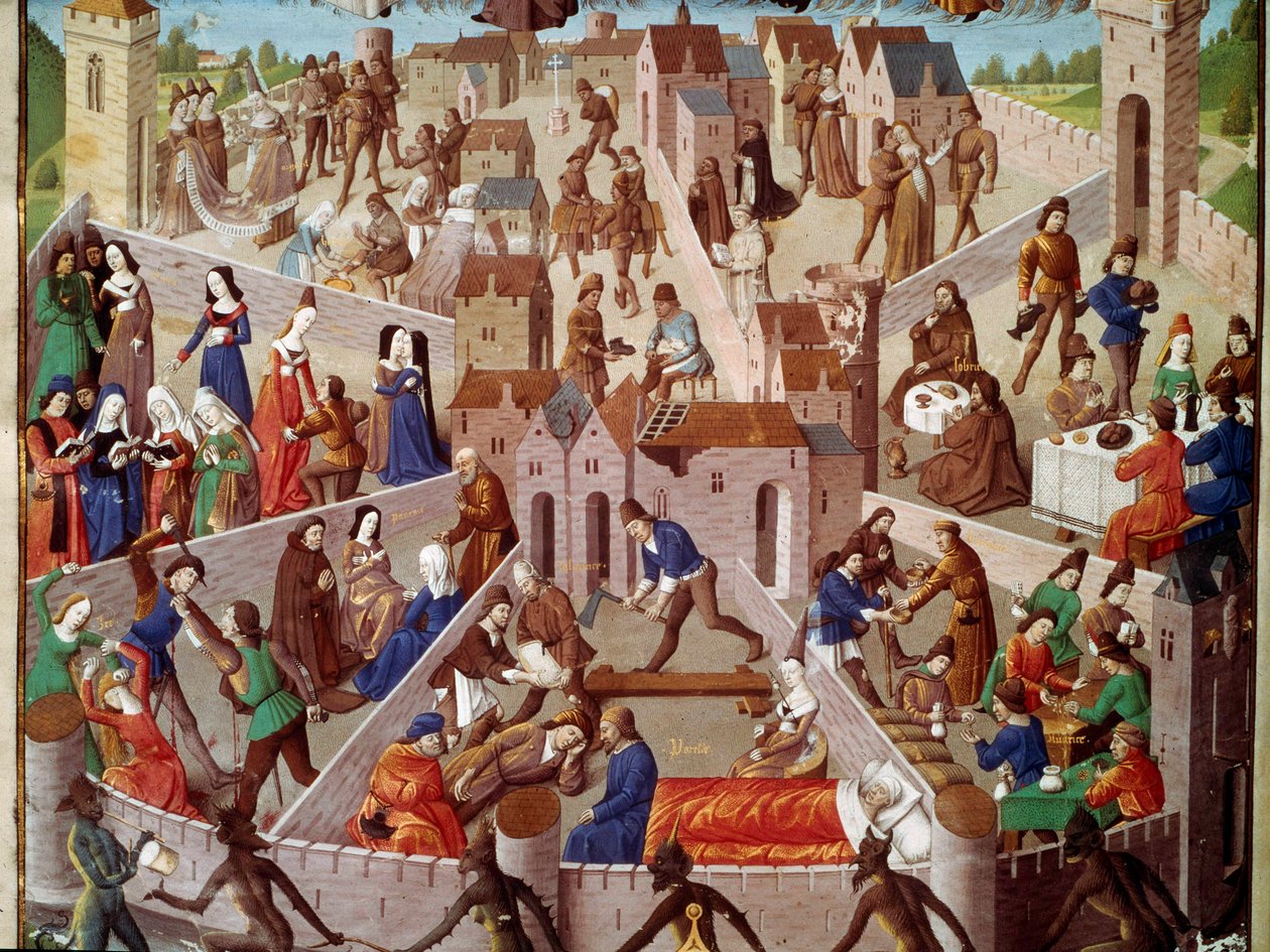 Allegorisk representasjon av jordens by, menneskelig synd, stolthet, sinne, begjær, misunnelse, latskap, utskeielser og deres motstridende dyder, piete, nyanse, nøktern... Miniatyr fra manuskript ms. 8346, fr. 18, fol. 3 av Unknown artist