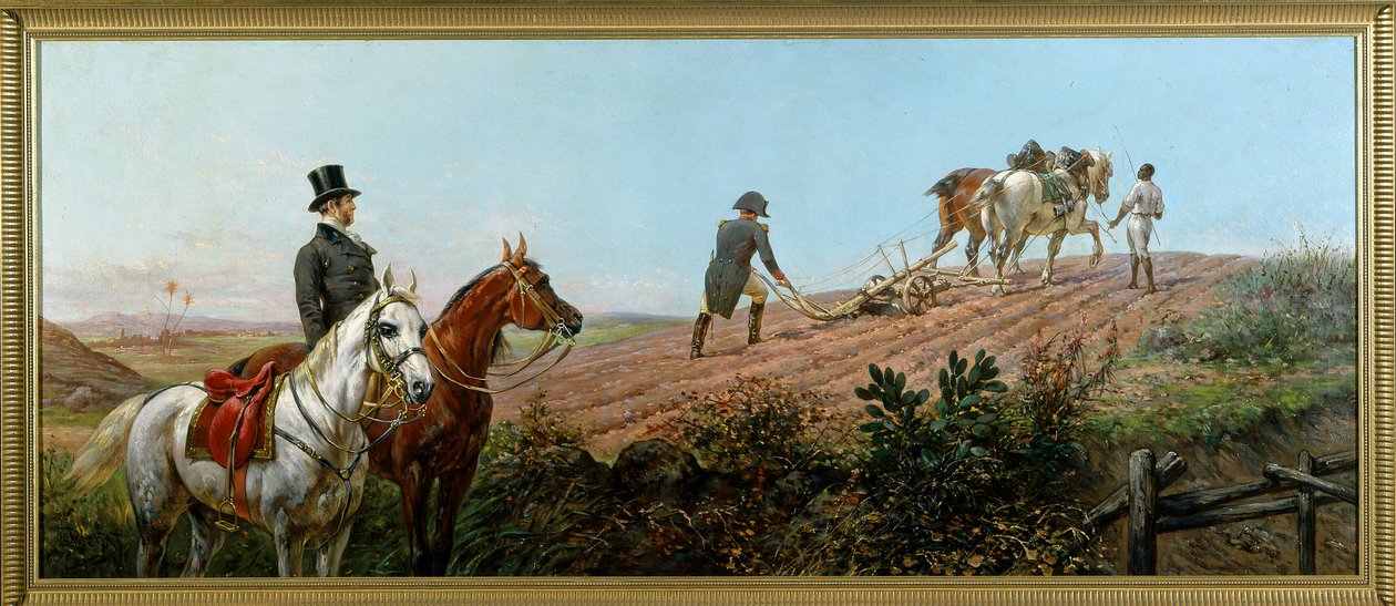Allegori som skildrer Napoleon som pløyer under tilsyn av sin svarte tjener i St. Helena, olje på lerret av Olivier Pichat (1825 - 1912) av Unknown artist