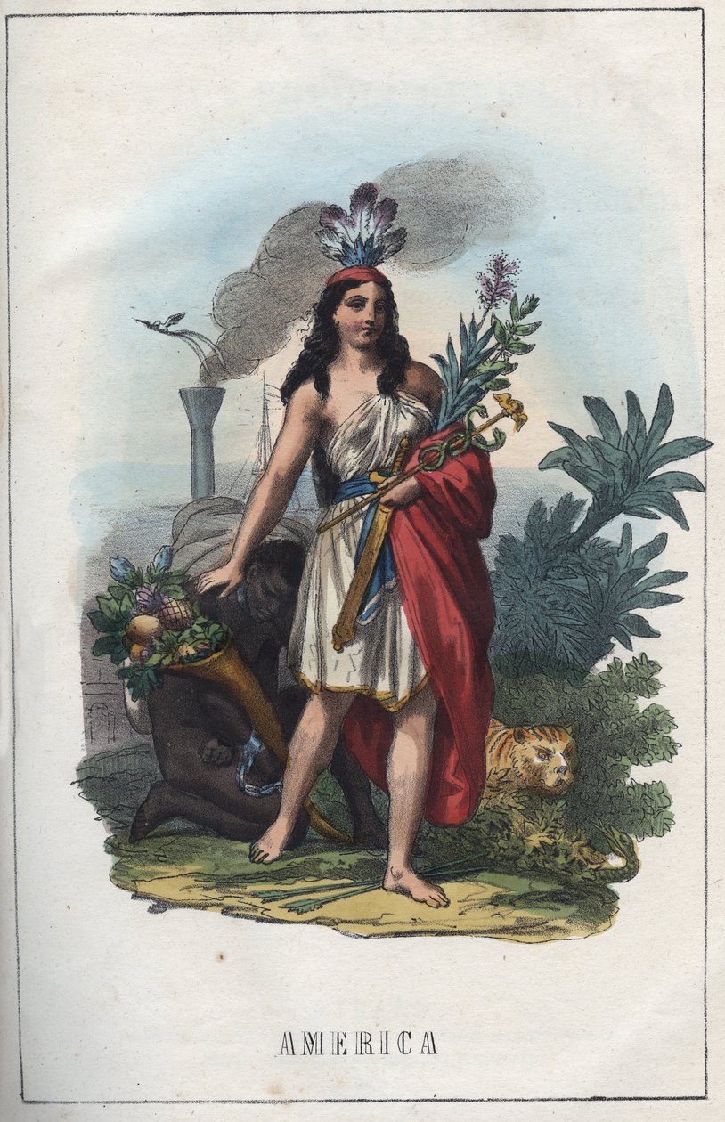 Allegory of America, frontispice av "" bruk og skikker for alle folkeslag i universet. Det vil si historien om regjeringen, lovene, militsen, om religionen til alle nasjoner fra de fjerneste tider til i dag "1856 av Unknown artist