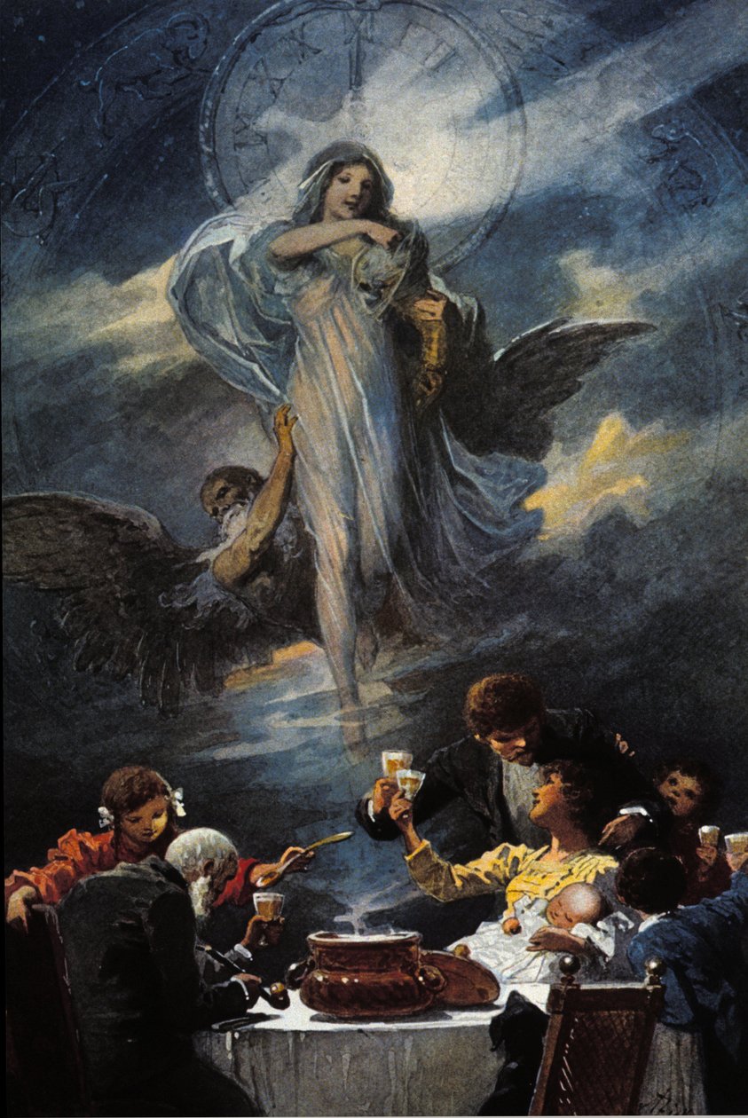 Allegori om julaften og nyttårsaften middag. 1889 av Unknown artist