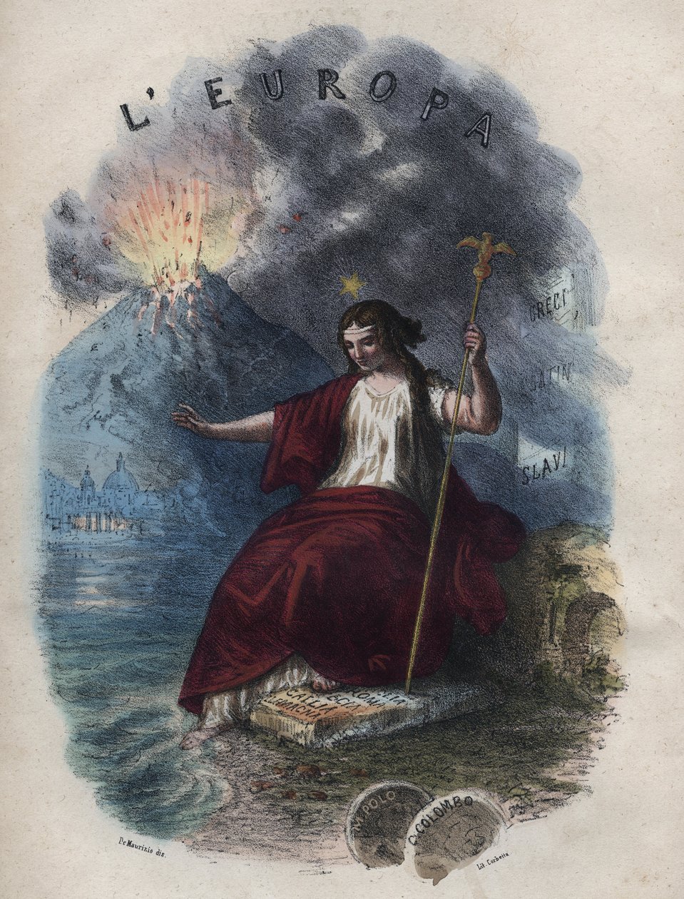 Allegory of Europe - gravering fra "" Skikker og skikker til alle folkeslag i universet. Det vil si historien om regjeringen, lovene, militsen, om religionen til alle nasjoner fra de fjerneste tider til i dag "1856 av Unknown artist