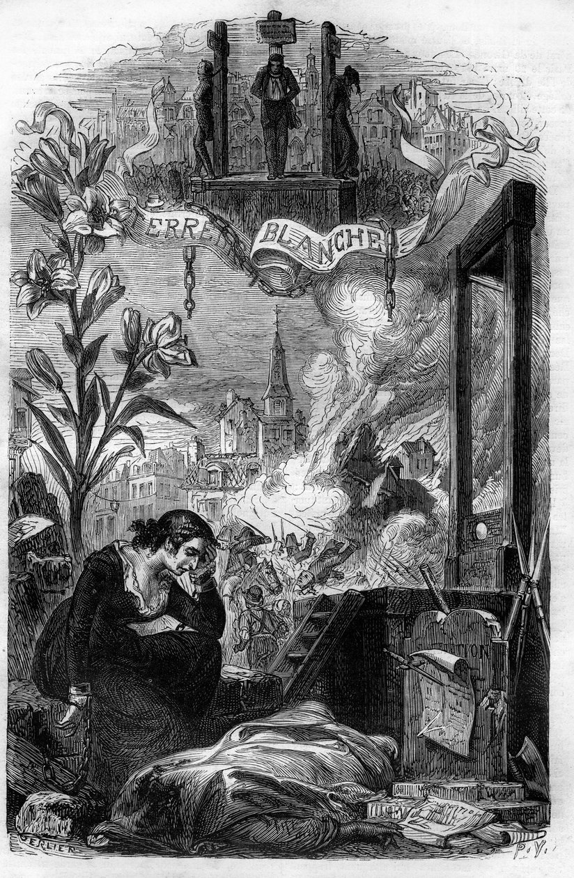 Allegory of La Terreur blanche in France in 1815 (royalist reaction that took place, after the fall of Napoleon, against bonapartists and former revolutionaries.) Engraving of the 19th century. av Unknown artist