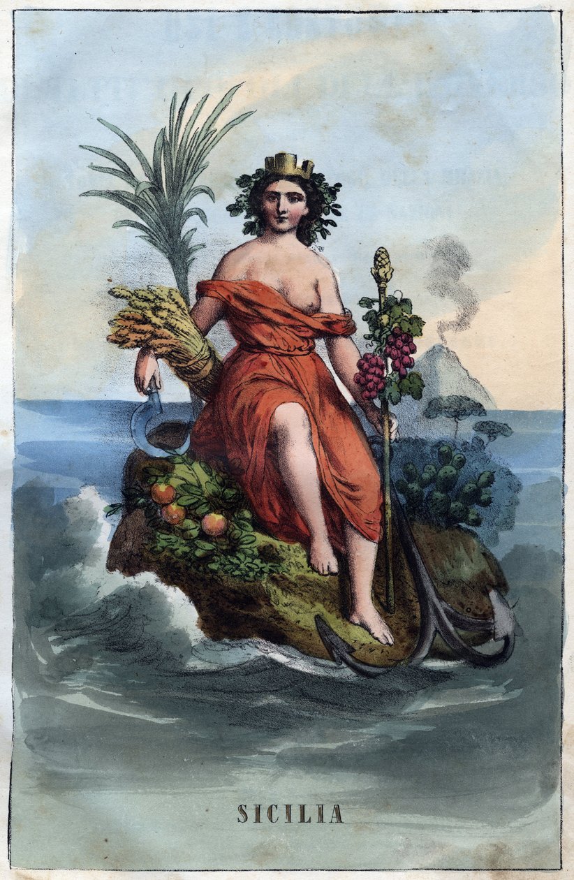 Allegory of Sicilia - gravering fra "" skikker og tradisjoner for alle folkeslag i universet. Det vil si historien om regjeringen, lovene, militsen, om religionen til alle nasjoner fra de fjerneste tider til i dag "1856 av Unknown artist