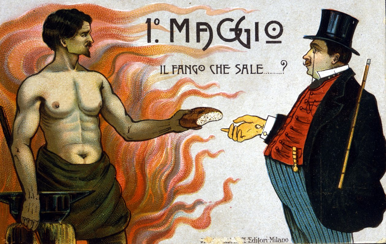 Allegori om klassekamp: 1. mai: gjørme stiger, en arbeider tilbyr brød til en borgerlig. 1898 av Unknown artist