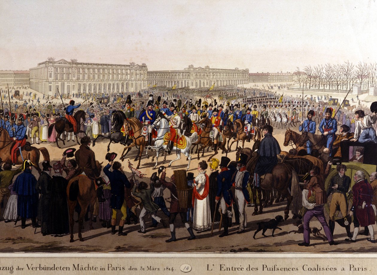 Allierte gikk inn i Paris 31. mars 1814 (Russland Alexander I, den østerrikske keiseren Frans Josef I og den prøyssiske kong Fredrik William III.) 1800-tallsgravering av Unknown artist