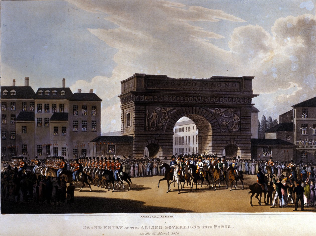 Allierte gikk inn i Paris 31. mars 1814 (Russland Alexander I, den østerrikske keiseren Francois I og den prøyssiske kongen Frederick William III.) gravering av 1826 av Unknown artist