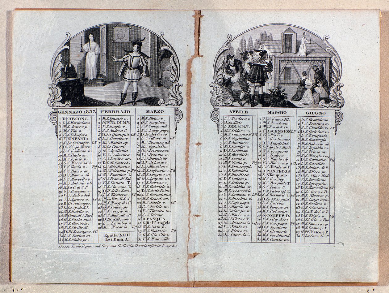 Årets almanakkkalender 1837 dekorerte scener av operaen La sonnambula, av Vincenzo Bellini av Unknown artist