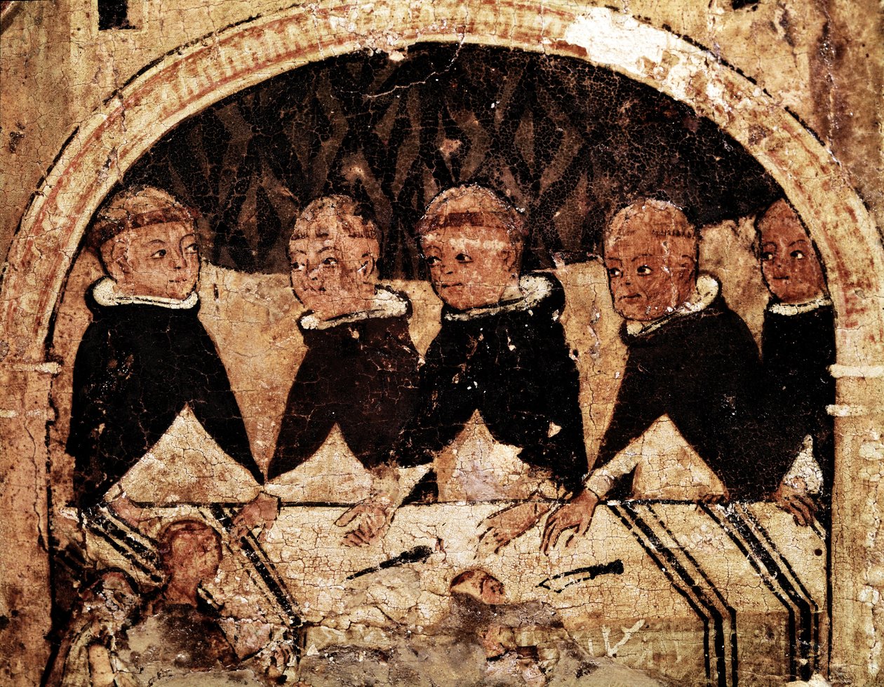 Altertavle av livet til den hellige Dominica av Guzman (1170-1221), grunnleggeren av den dominikanske orden: gruppe dominikanske munker til stede. Maleri på tre fra 1200-tallet. Napoli, Museo Nazionale di Capodimonte av Unknown artist
