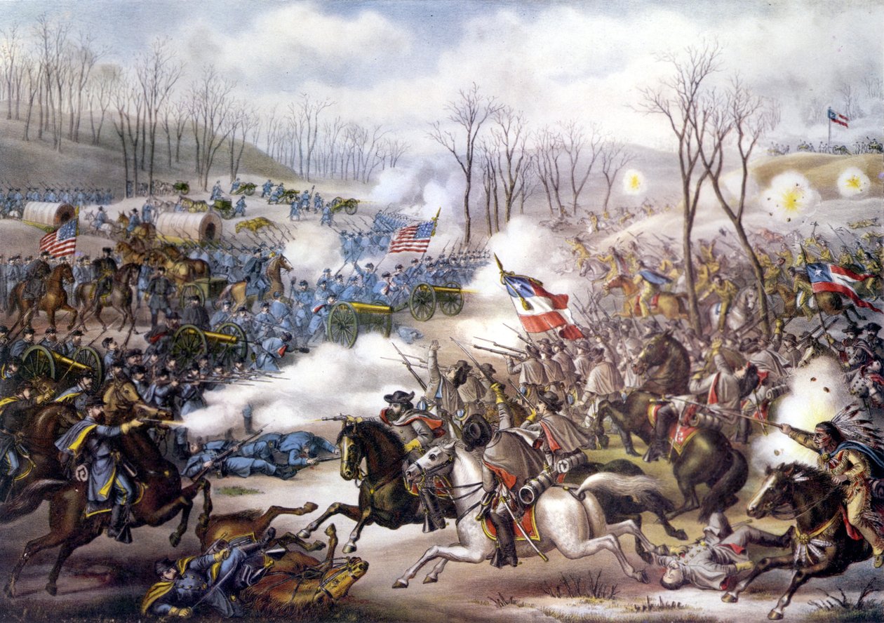 Amerikansk borgerkrig (1861 - 1865): Slaget ved Pea Ridge eller Elkhorn Tavern (Arkansas) 6. - 08. mars 1862. Gravering av 1800-tallet. av Unknown artist