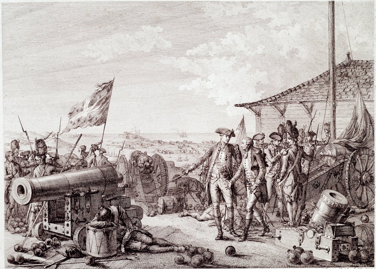 American Revolutionary War: Slaget ved Grenada 6. juli 1779 mellom den britiske kongelige marinen og den franske marinen (gravering av Unknown artist