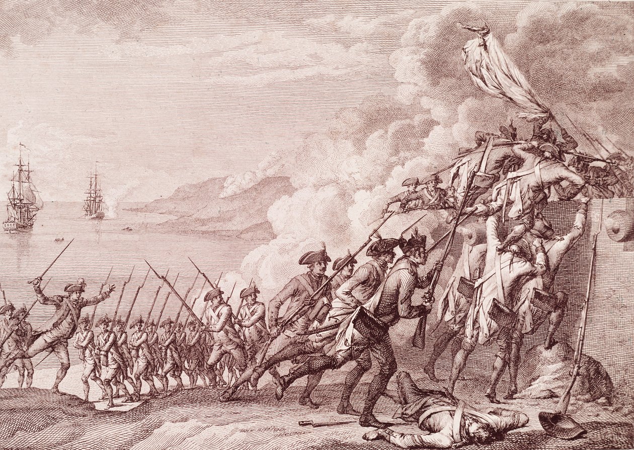 Amerikansk revolusjonskrigen: invasjonen av Dominica av den franske hæren 7. september 1778 (gravering av Unknown artist