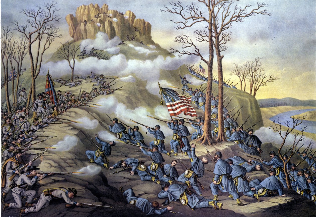 Amerikansk løsrivelseskrig eller borgerkrig (1861 - 1865): 23/11/1863, slaget ved Lookout Mountain i Tennessee, et angrep kjent i dag som slaget over skyene på grunn av tåken som tillot føderale tropper å rykke frem raskere. Gravering av 1800-tallet. av Unknown artist