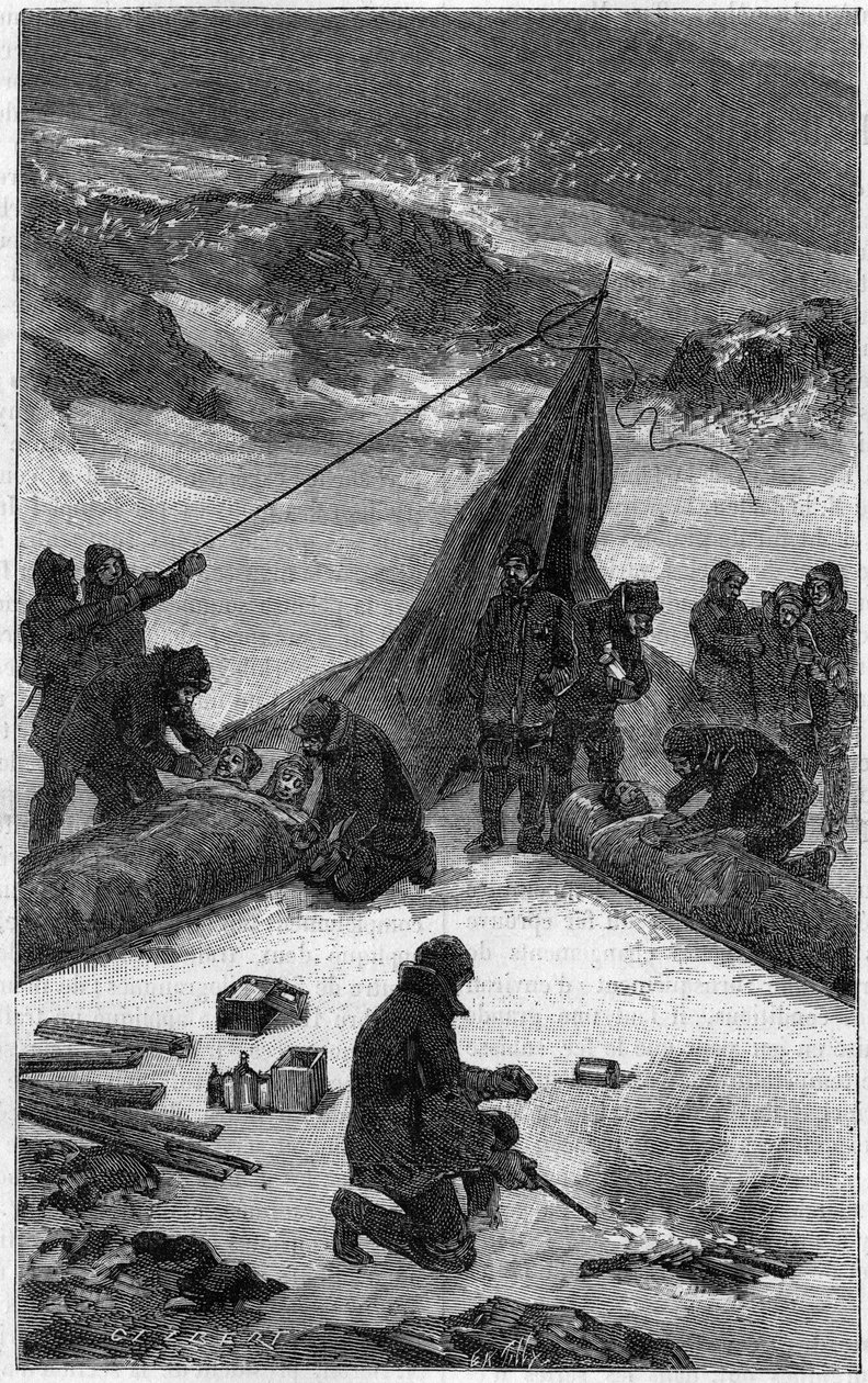 Amerikansk ekspedisjon til Lady Franklin Bay (1881-1884): redning av mannskapet. Gravering i "" Nature: gjennomgang av vitenskapene og deres anvendelser til kunst og industri "" av 22. juni 1889. av Unknown artist