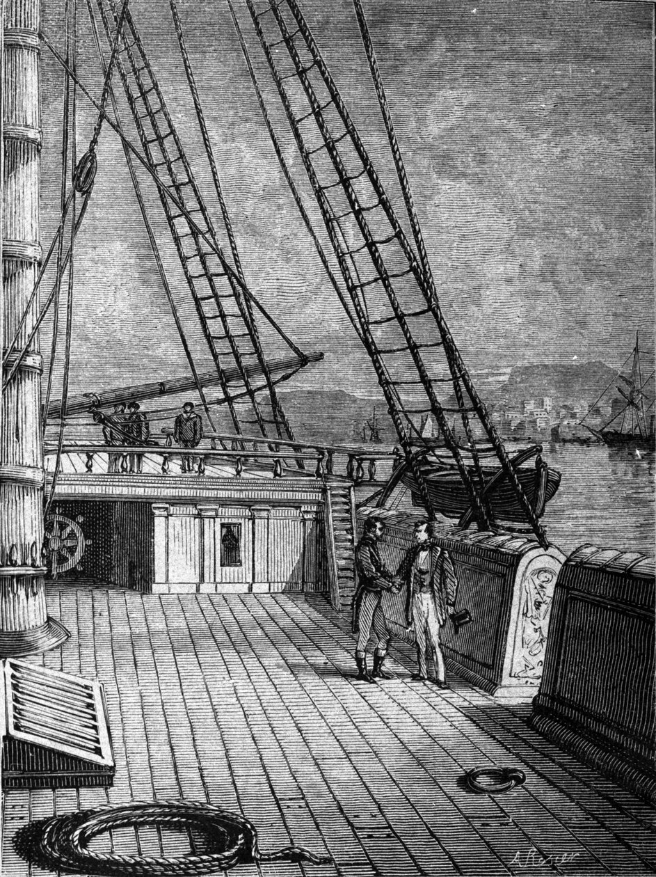 Den amerikanske oppfinneren Samuel Finley Breese Morse (1791-1872) ombord på skipet "Sully" 13.10.1832. Det var på denne turen han utviklet grunnlaget for oppfinnelsen av telegrafen. Gravering fra 1800-tallet av Unknown artist