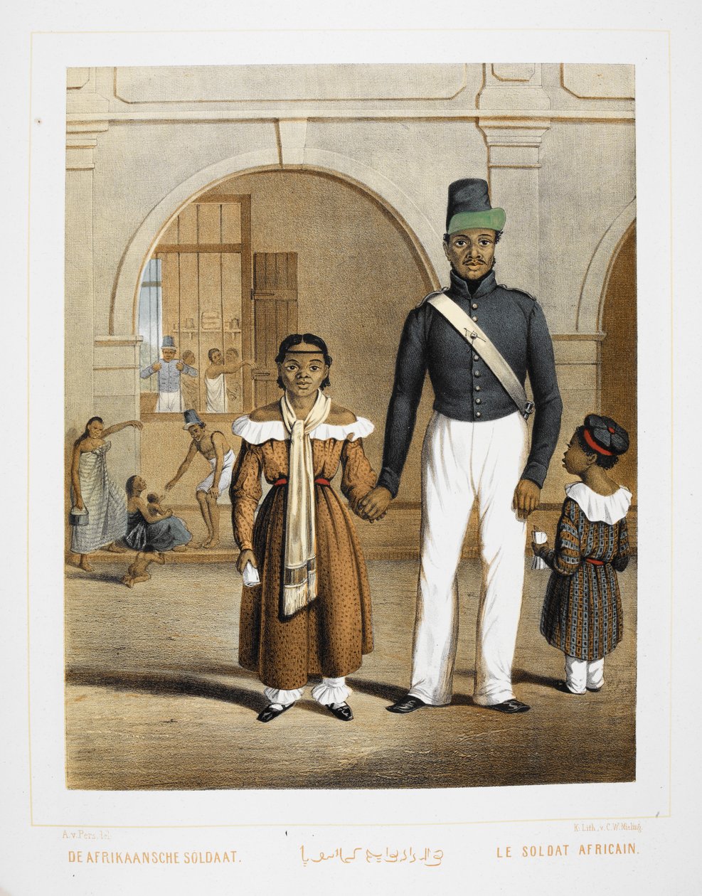 En afrikansk soldat med familien sin. Innbyggere i Indonesia. av Unknown artist