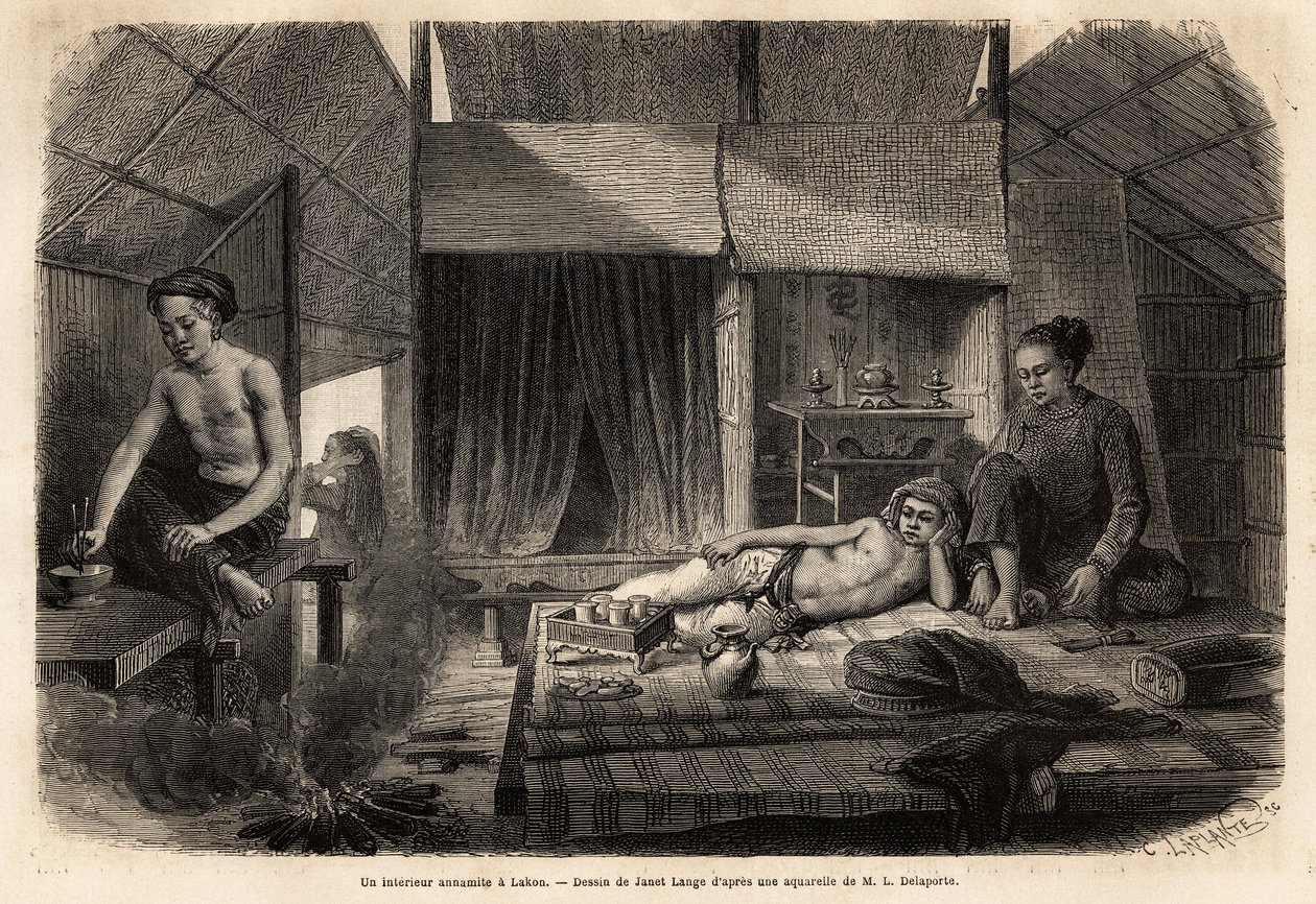 Et Annamitt-interiør i Lakon (Laos),. Gravering for å illustrere utforskningsreisen i Indokina, av Francis Garnier, løytnant de Vaissseau, i 1866-1868, publisert i "" Le tour du monde""" 1870-1871, redigert av Edouard Charton, utga av Unknown artist