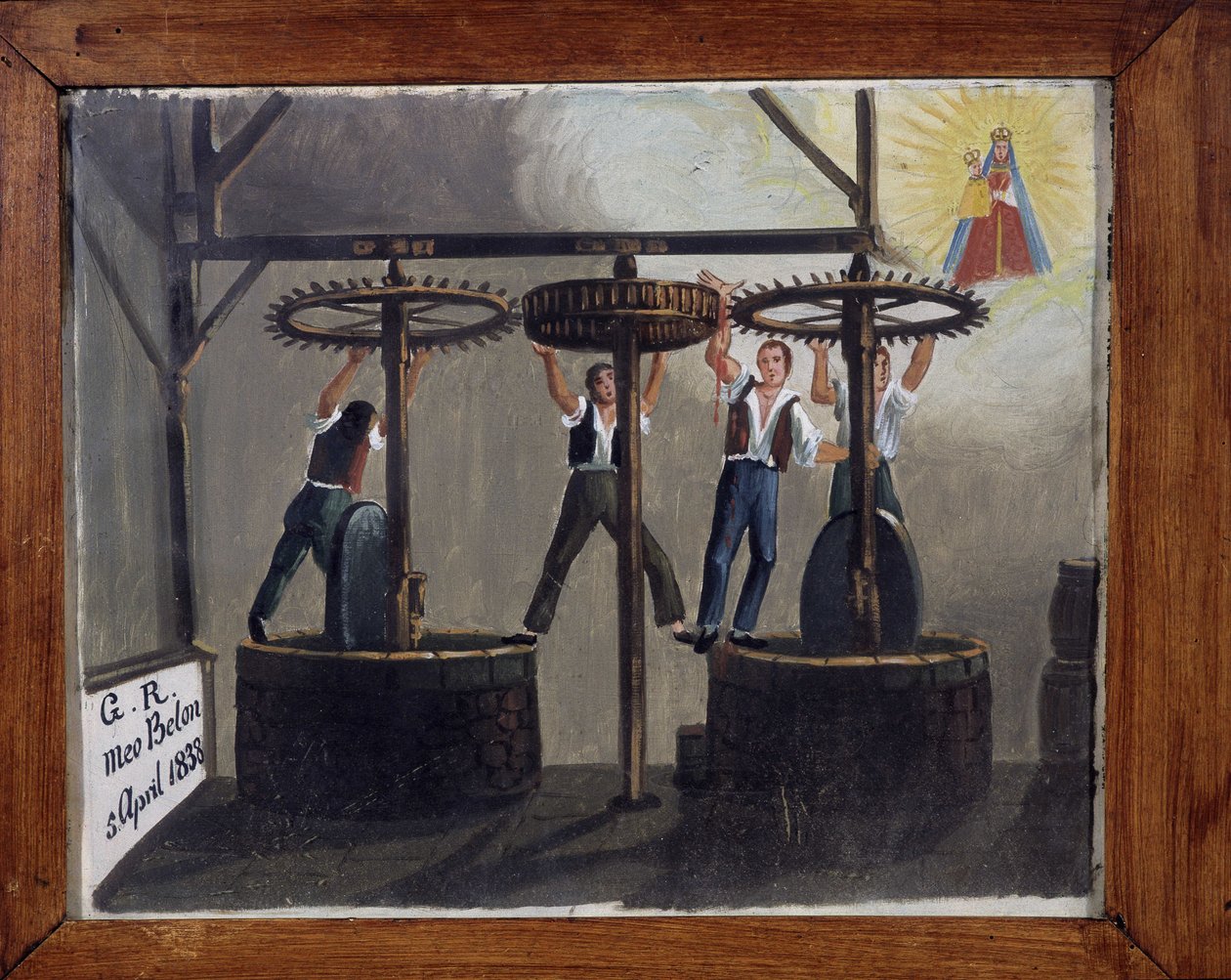 En ulykke ved olivenoljepressen - ex-voto av Notre Dame de Laghet av Unknown artist