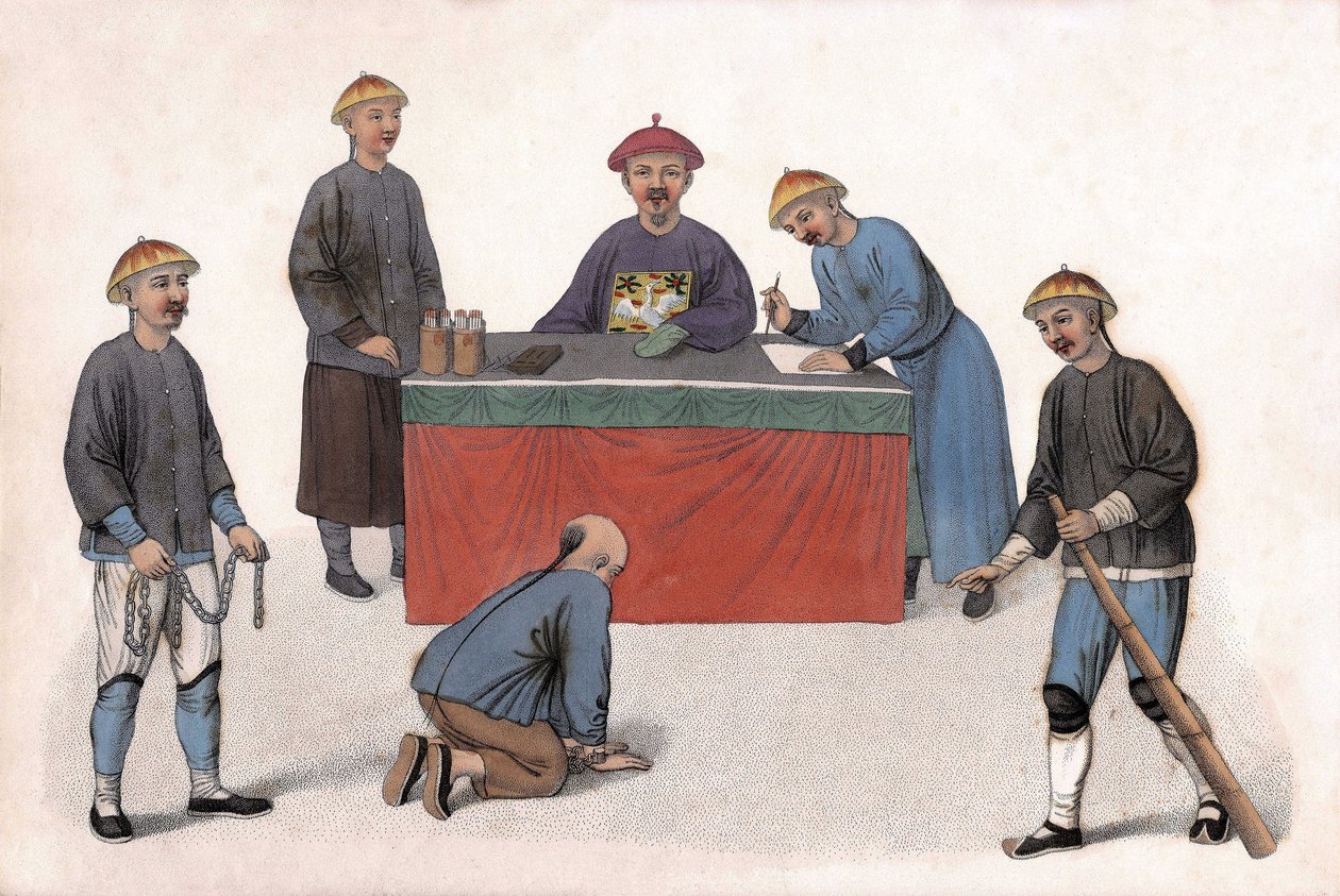 En anklaget for en sorenskriver ble assistert av en kontorist, en sekretær og vakter. i "The Punishment of the Chinese", London av Unknown artist