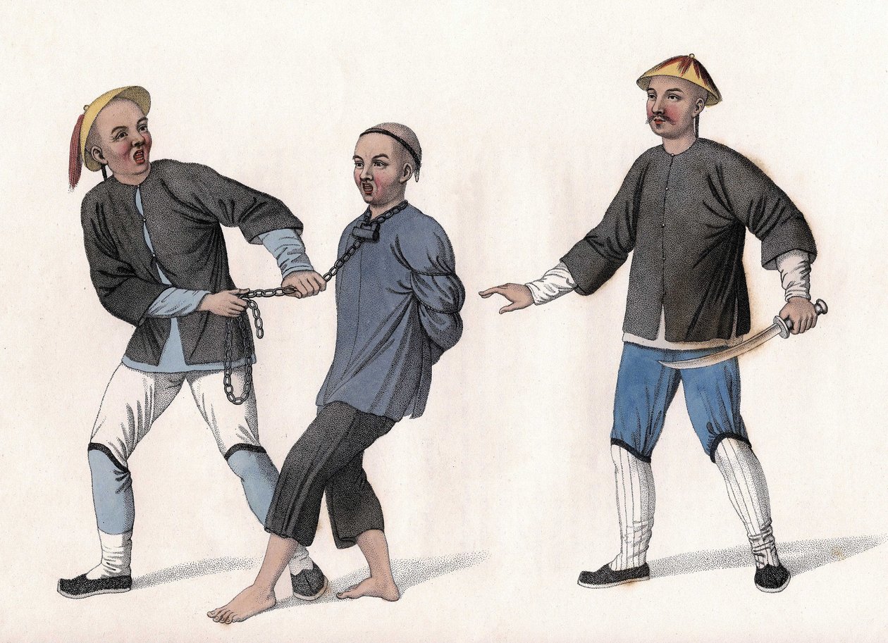 En siktet blir ført til fengsel, bundet med et kjede rundt halsen. Gravering, i "The Punishments of the Chinese", London av Unknown artist