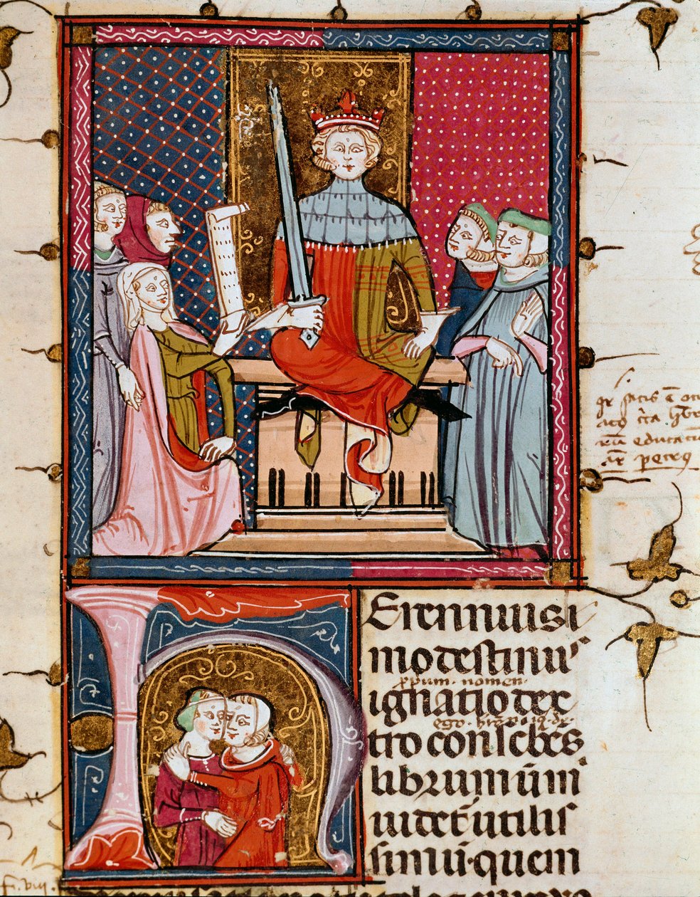 En utro kvinne som dukker opp for en miniatyrdommer fra "Justiniani in Fortiatum"" Fol. 39 Royal Library of the Escorial Monastery (Escorial) fra 1300-tallet, Spania av Unknown artist