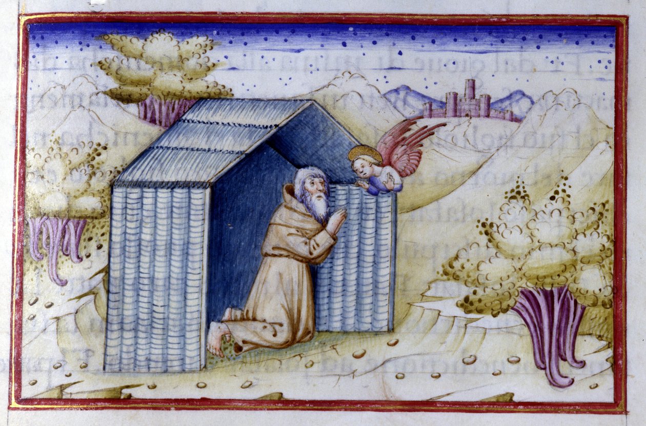 En engel besøker en eremitt. 1400-talls manuskript. Bibl. Nazionale Braidense. av Unknown artist