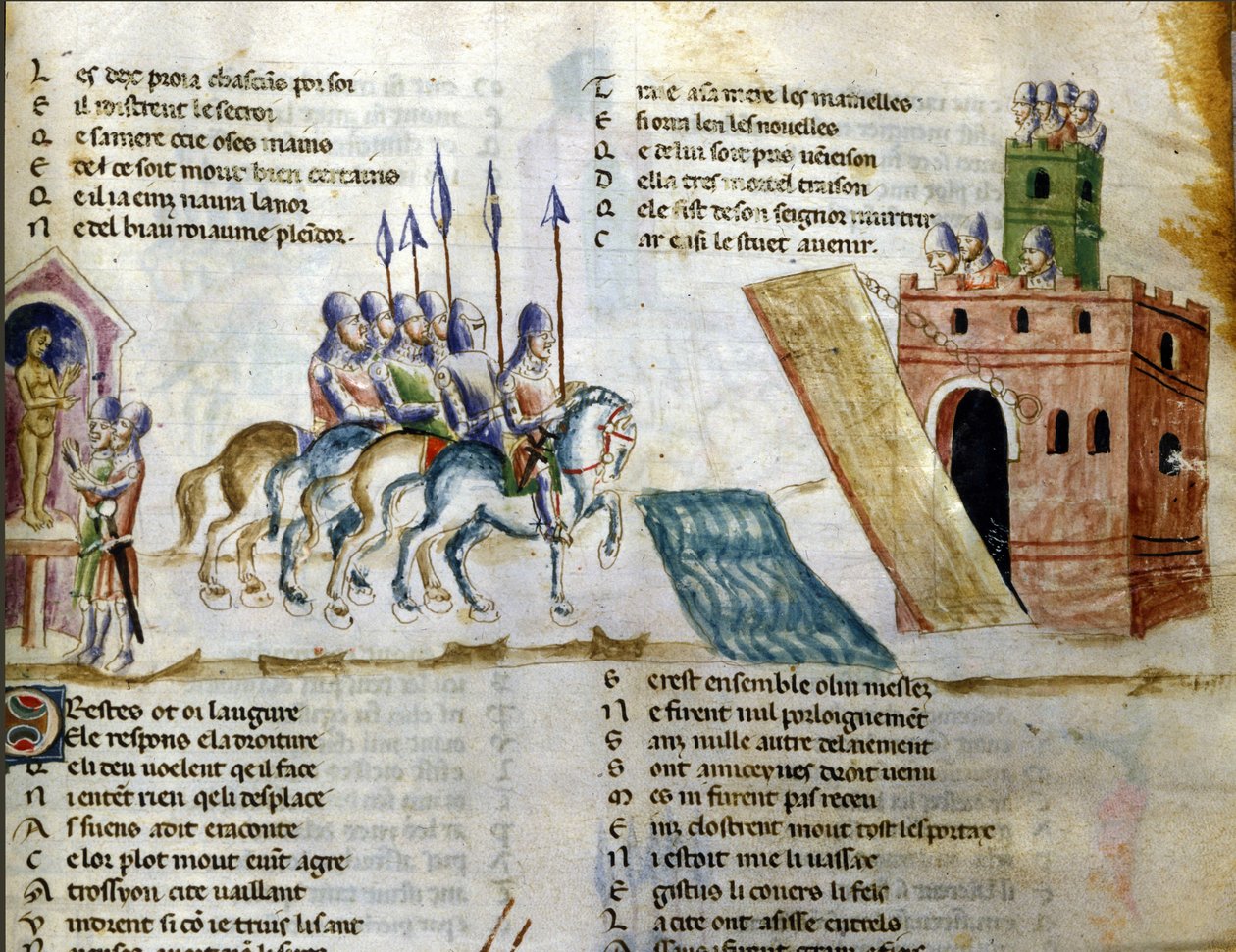 En hær nærmer seg et slott. Miniatyr av "Roman de Troy"" av Benoit de Sainte Maure. 1300-tallet, Biblioteca Marciana, Venezia av Unknown artist