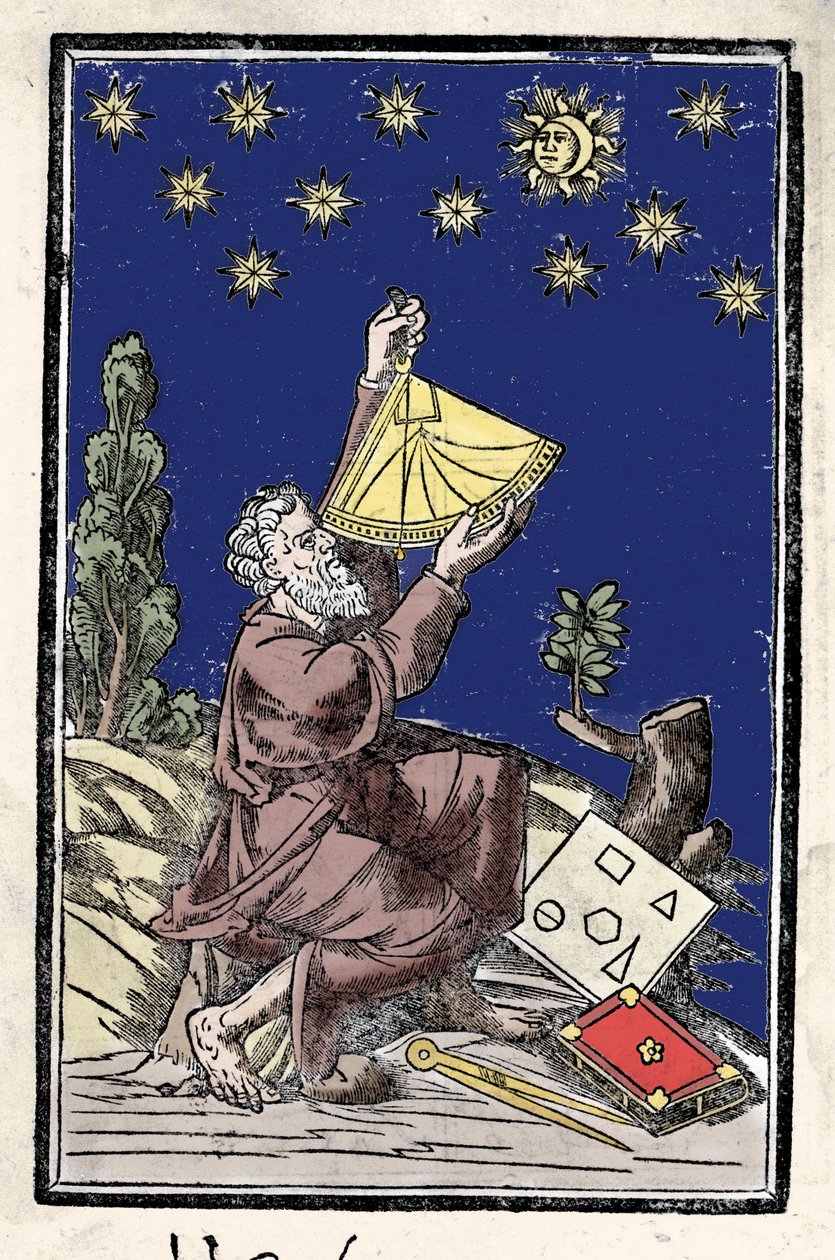 En astronom som gjør beregninger ved hjelp av en sekstant under en formørkelse. Gravering fra 1500-tallet. av Unknown artist