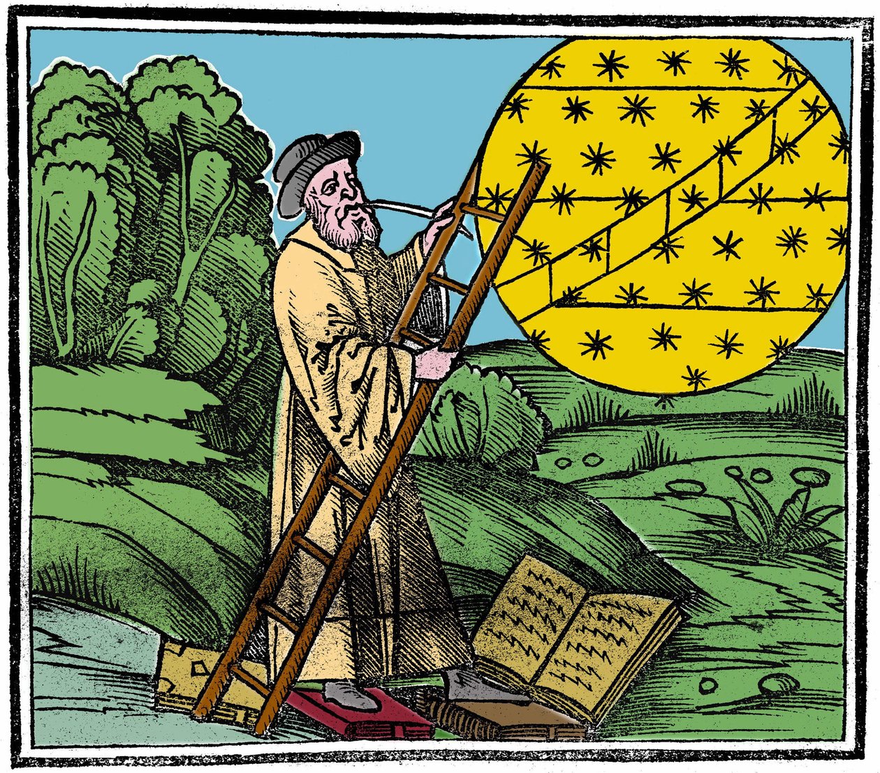 En astronom setter en stige for å klatre opp i himmelen. av Unknown artist