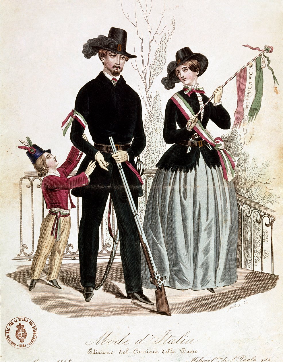 En elegant patriotisk familie på Risorgimentos tid (litografi av Unknown artist