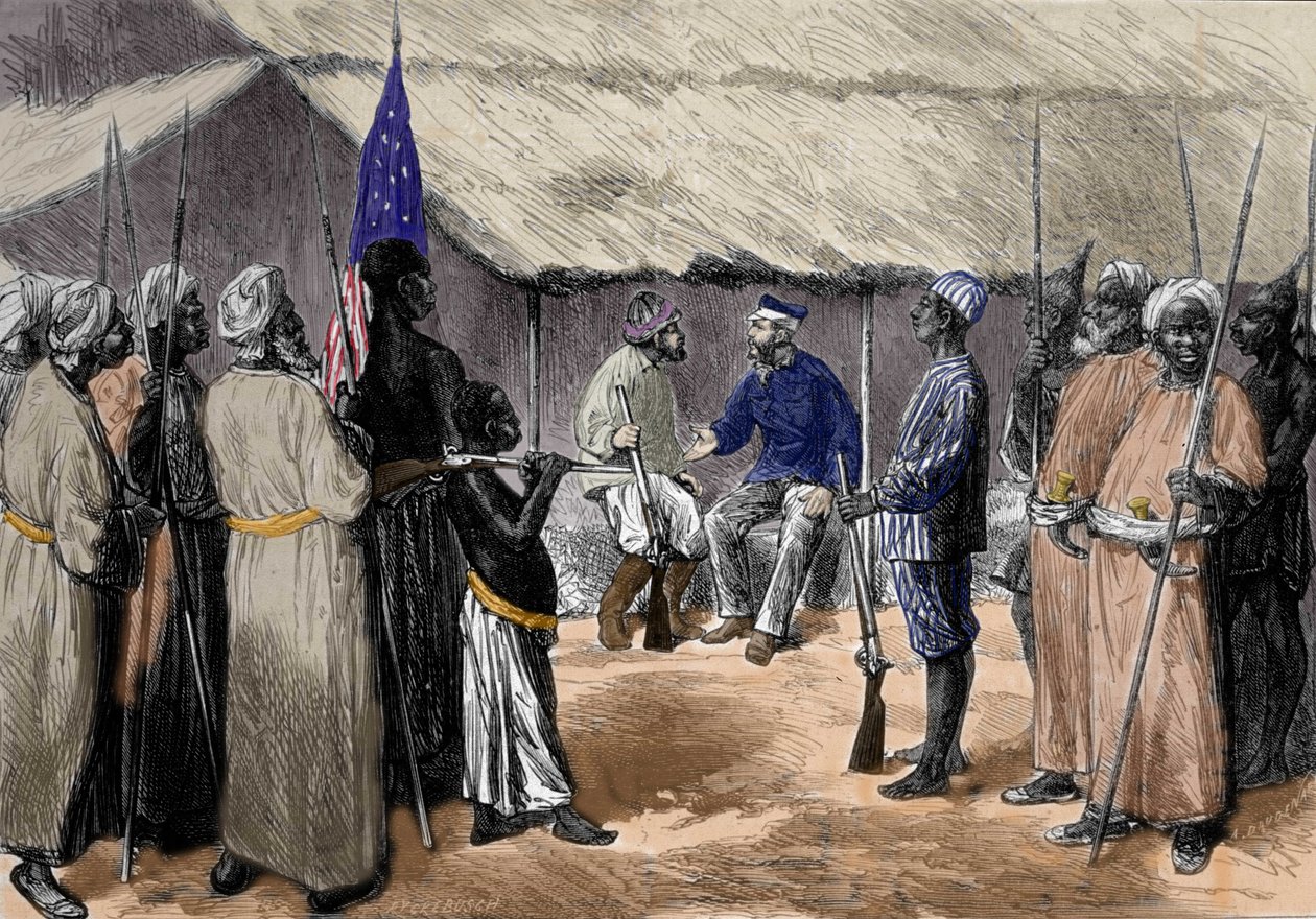 Et møte mellom David Livingstone (1813-1873), en engelsk misjonær og oppdagelsesreisende av Afrika, og Henry Morton Stanley, Wales-journalist, oppdagelsesreisende av Afrika (1841-1904) i en landsby i Sentral-Afrika. av Unknown artist