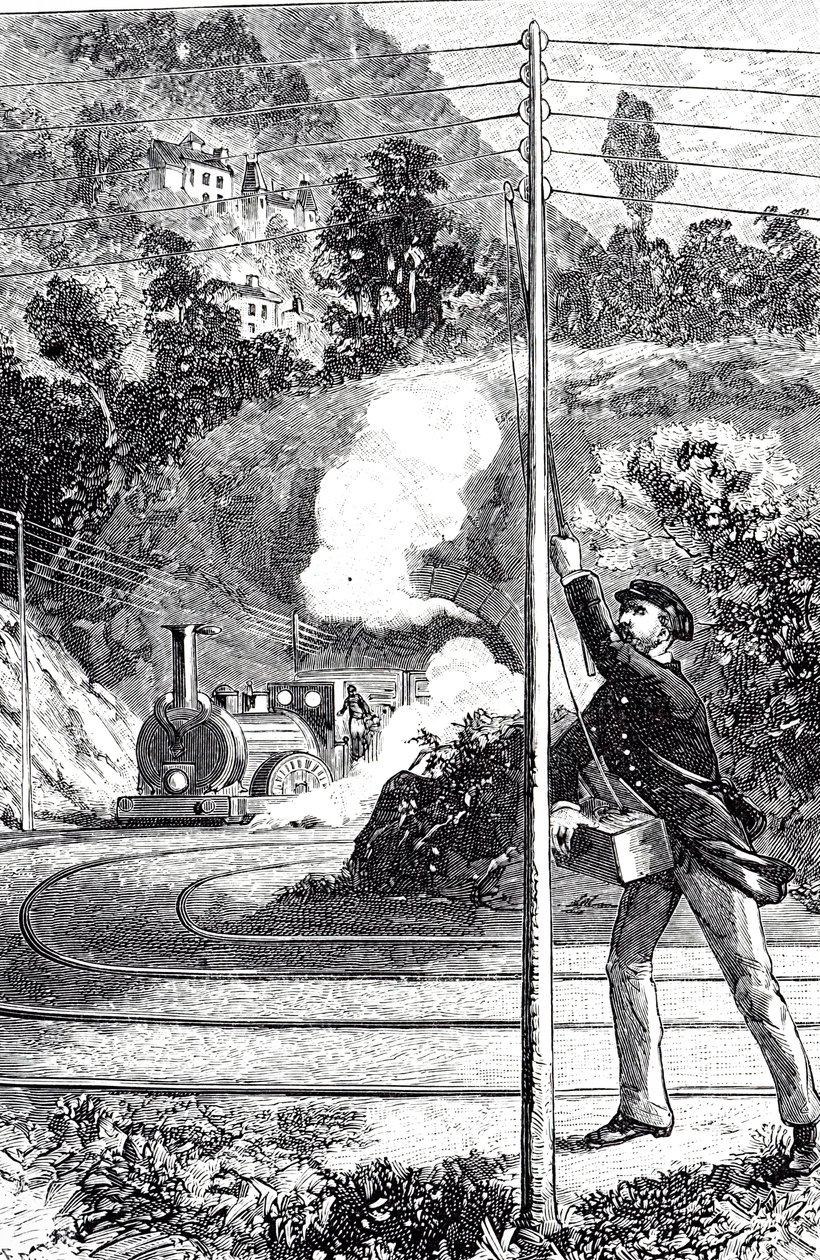 En gravering som viser en togarbeider som sender et nødsignal på en jernbanetelegraf av Unknown artist