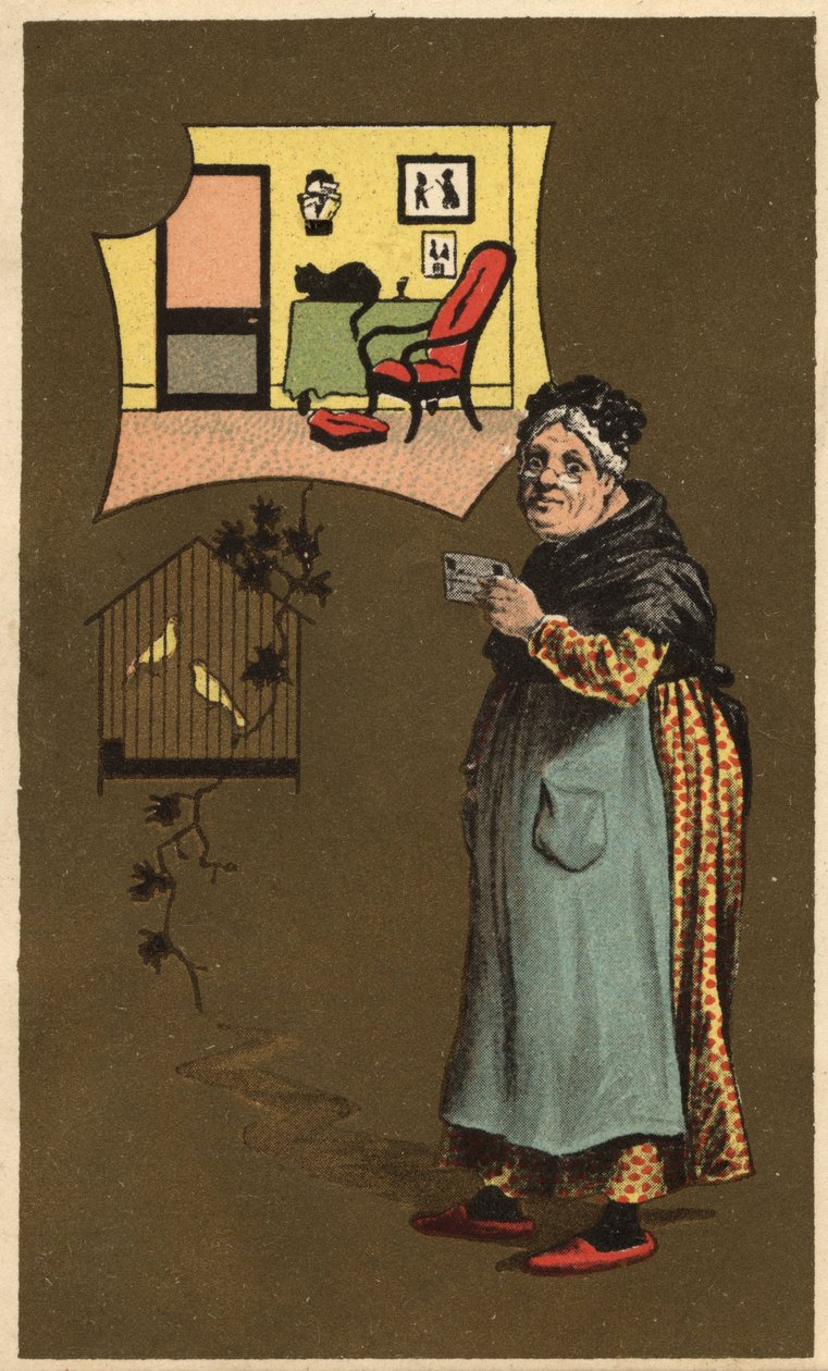 An old woman holding a cup near a cage with birds. Anonymous chromolithography, late 19th century. av Unknown artist