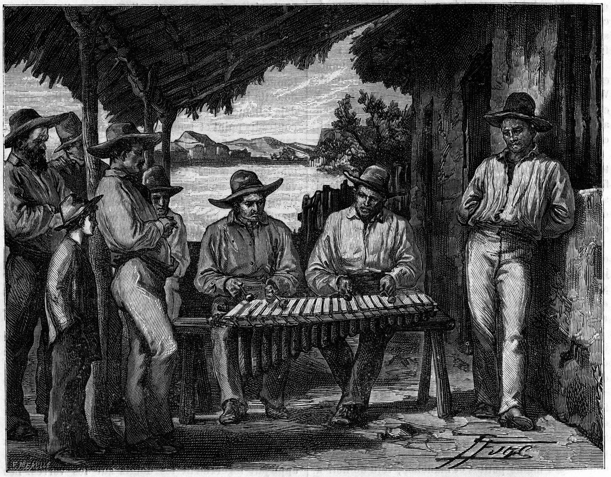 An orchestra of Mexican marimba (xylophone). av Unknown artist