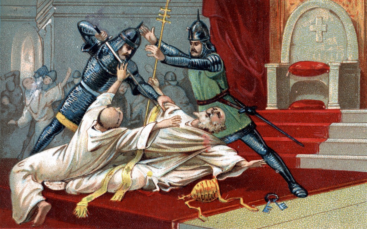 Anagni bombing. Nyttig hjelp fra William av Nogaret, sendt av kongen av Frankrike Filip IV the Bel; 8. september 1303 stoppet han pave Bonifatius VIII i Anagni (Benedetto Caetani dit Bonifacio VIII av Unknown artist