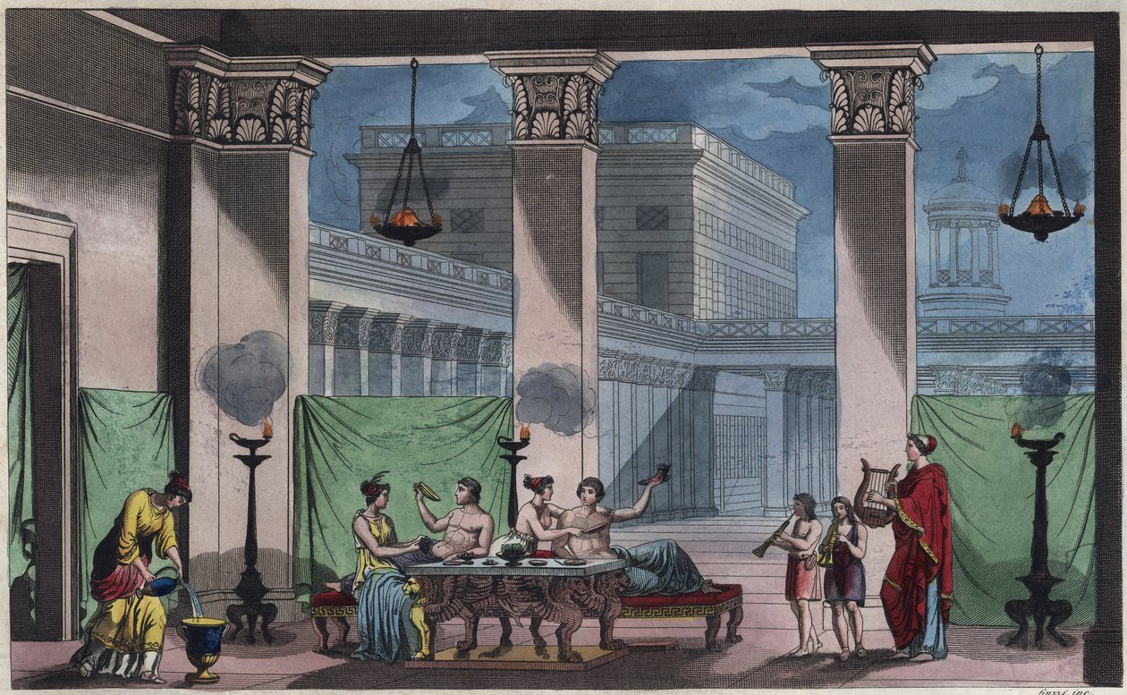 Antikkens Hellas - Triclinium - gravering fra "" skikker og tradisjoner til alle folkeslag i universet. Det vil si historien om regjeringen, lovene, militsen, om religionen til alle nasjoner fra de fjerneste tider til i dag "1856 av Unknown artist