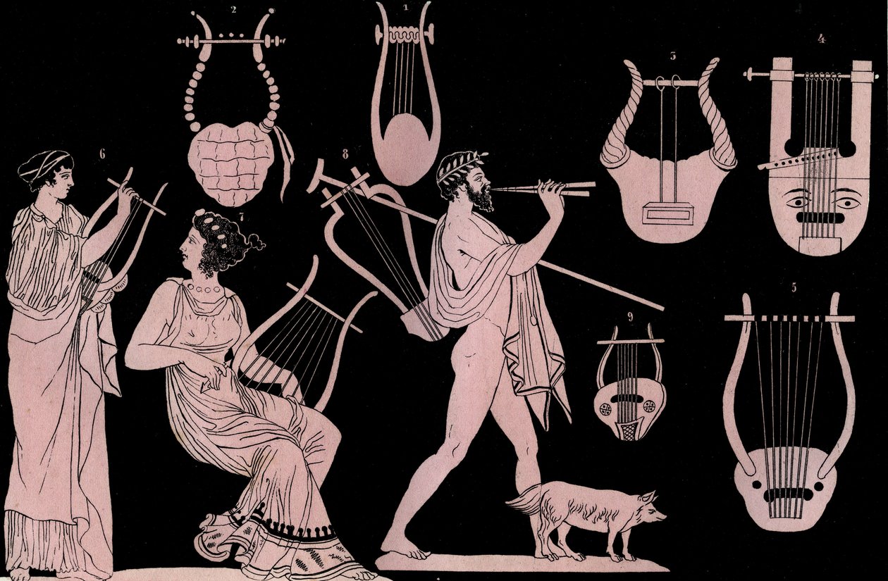 Antikke greske musikkinstrument: Lyre og Cithara (cithara) (kithara) - gravering fra "" skikker og tradisjoner til alle folkeslag i universet. Det er historien om regjeringen, lovene, militsen, om religionen til alle nasjoner fra de fjerneste tid av Unknown artist