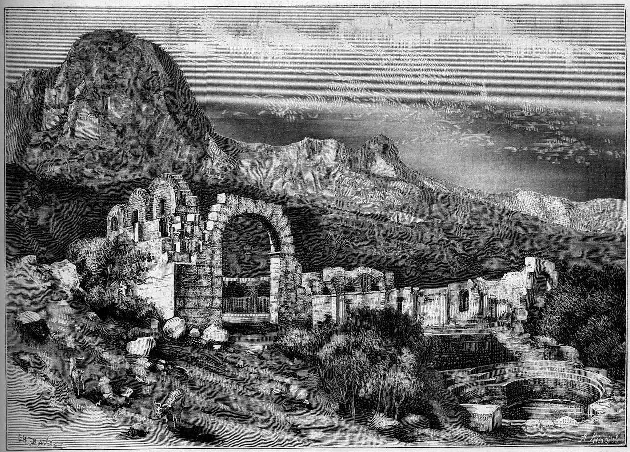 Gammel arkitektur: ruinene av det romerske tempelet Zaghouan (Tunisia). Gravering av Riugel i "" The Illustrous World"" nr. 1308 av 22. april 1882. av Unknown artist