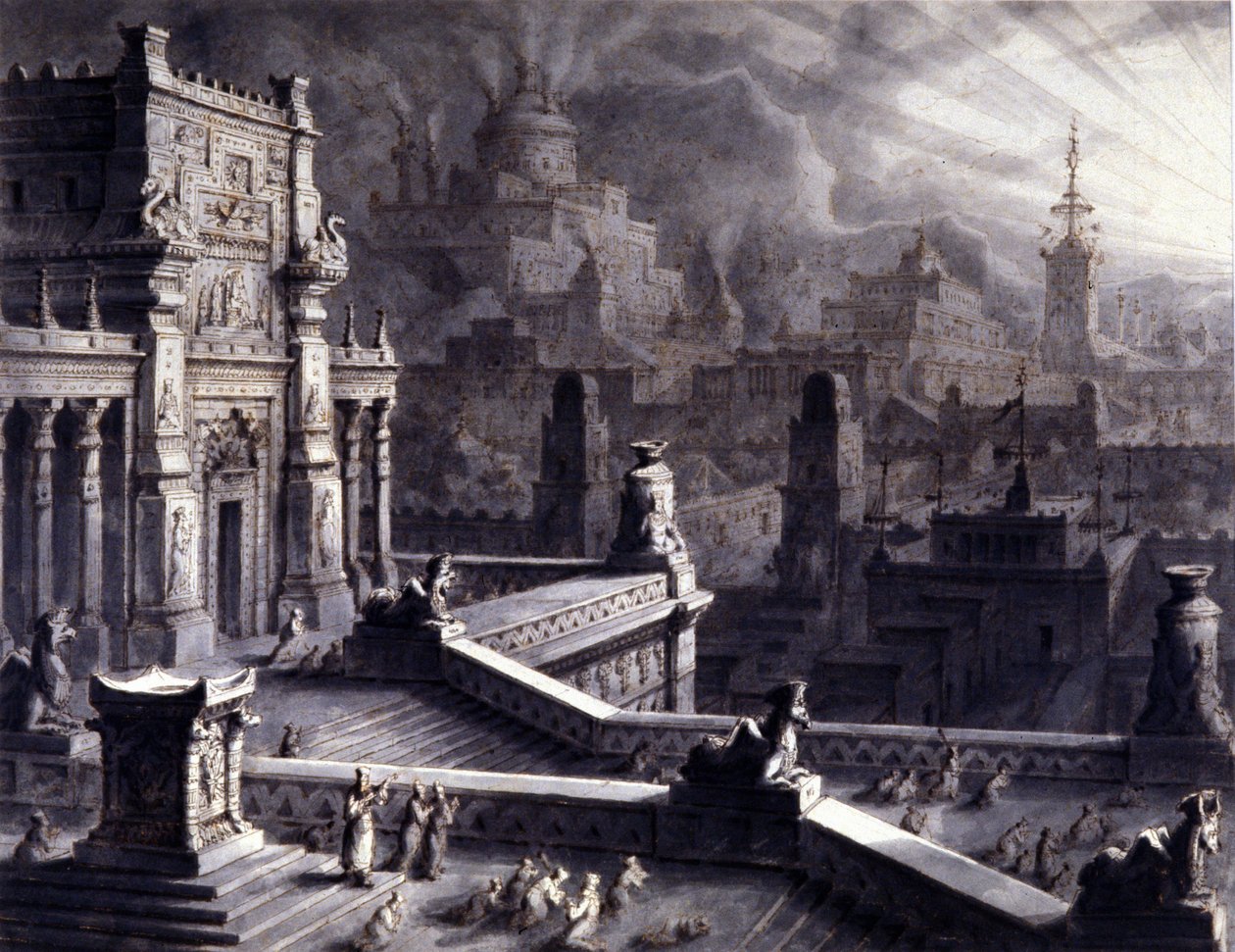 Den eldgamle byen Persepolis i det persiske Achaemenide-riket, grunnlagt av Darios I på 600-tallet f.Kr. Den ble ransaket og brent av Alexander den store i 331 f.Kr. 1800-tallet Ill. av Unknown artist