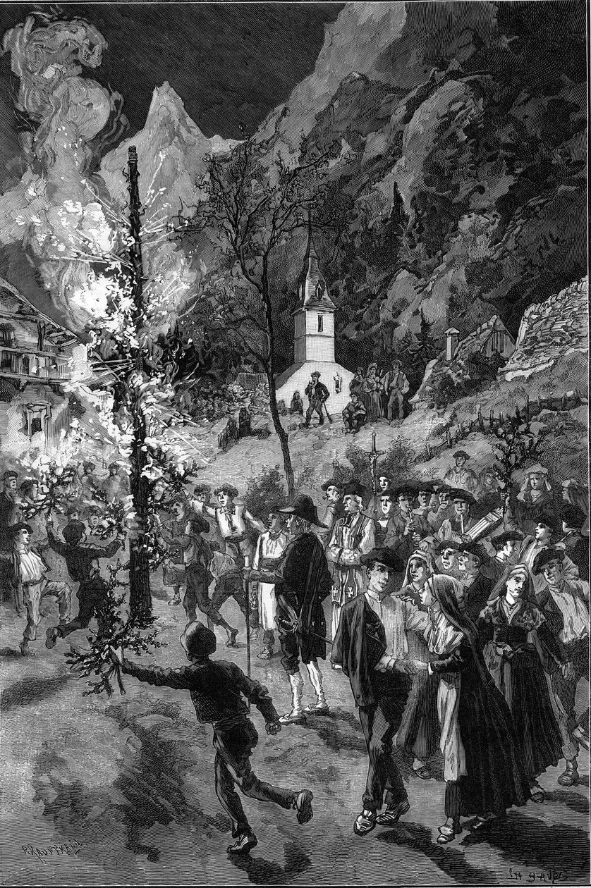 Gamle skikker og tradisjonell fest: ilden til Saint John (Saint-Jean) i Vallee d'Aure (Hautes Pyrenees, Frankrike) Gravering i "" Le Monde Illustré"" av Unknown artist