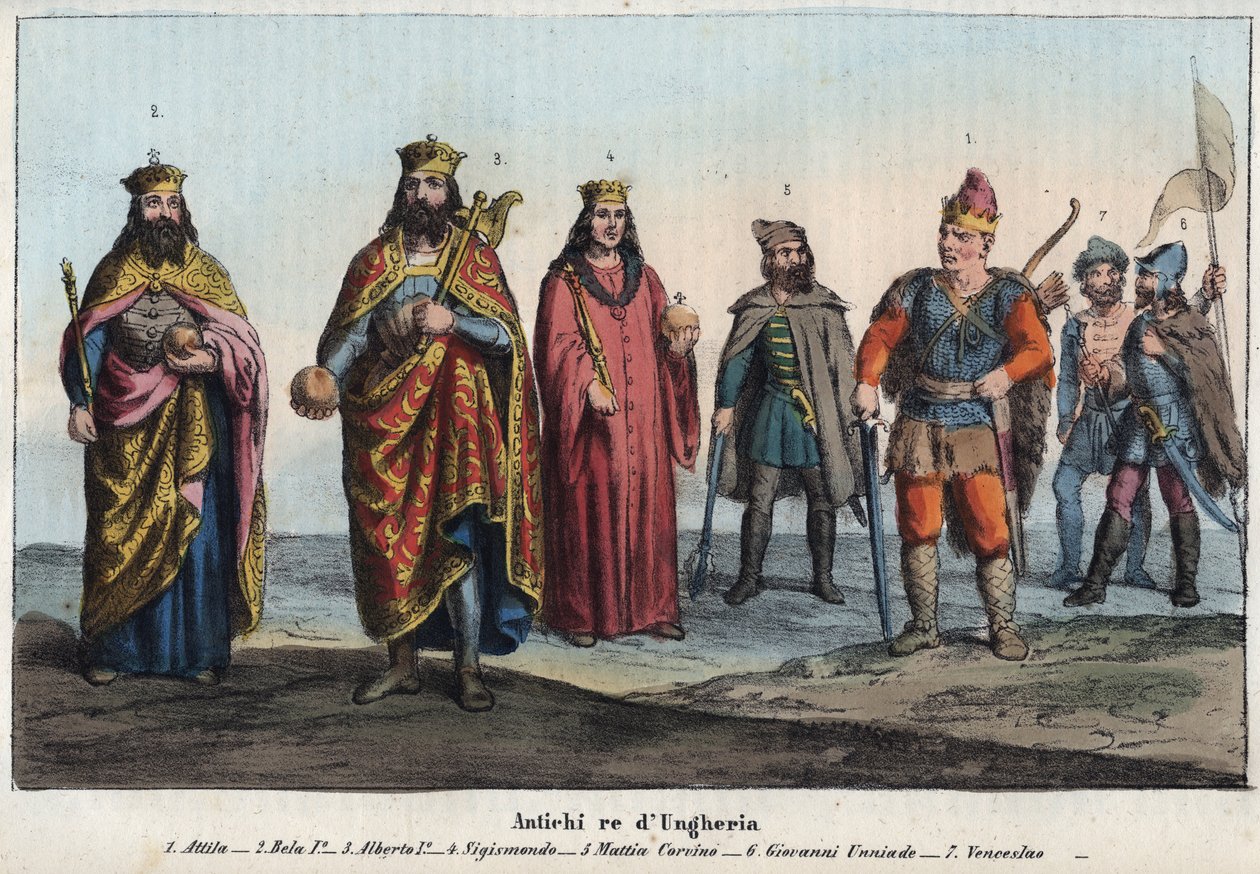 Gamle kongen av Ungarn - Attila (ca. 395-453) - Bela I Mesteren eller Wisen (Bela I arpad kjent som Bela bisonen eller Bela Mesteren, ca. 1015-1063) - Albert I av Tyskland (Albert I av Habsburg av Unknown artist