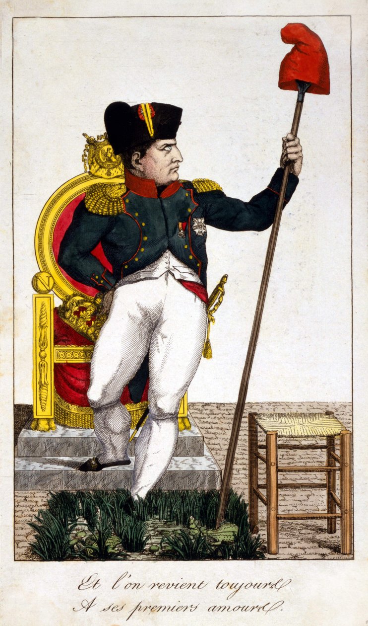 Og vi vender alltid tilbake til hans første kjærlighet, en karikatur om Napoleon I som tok over makten i 1815 (Episode of Hundred Days). av Unknown artist
