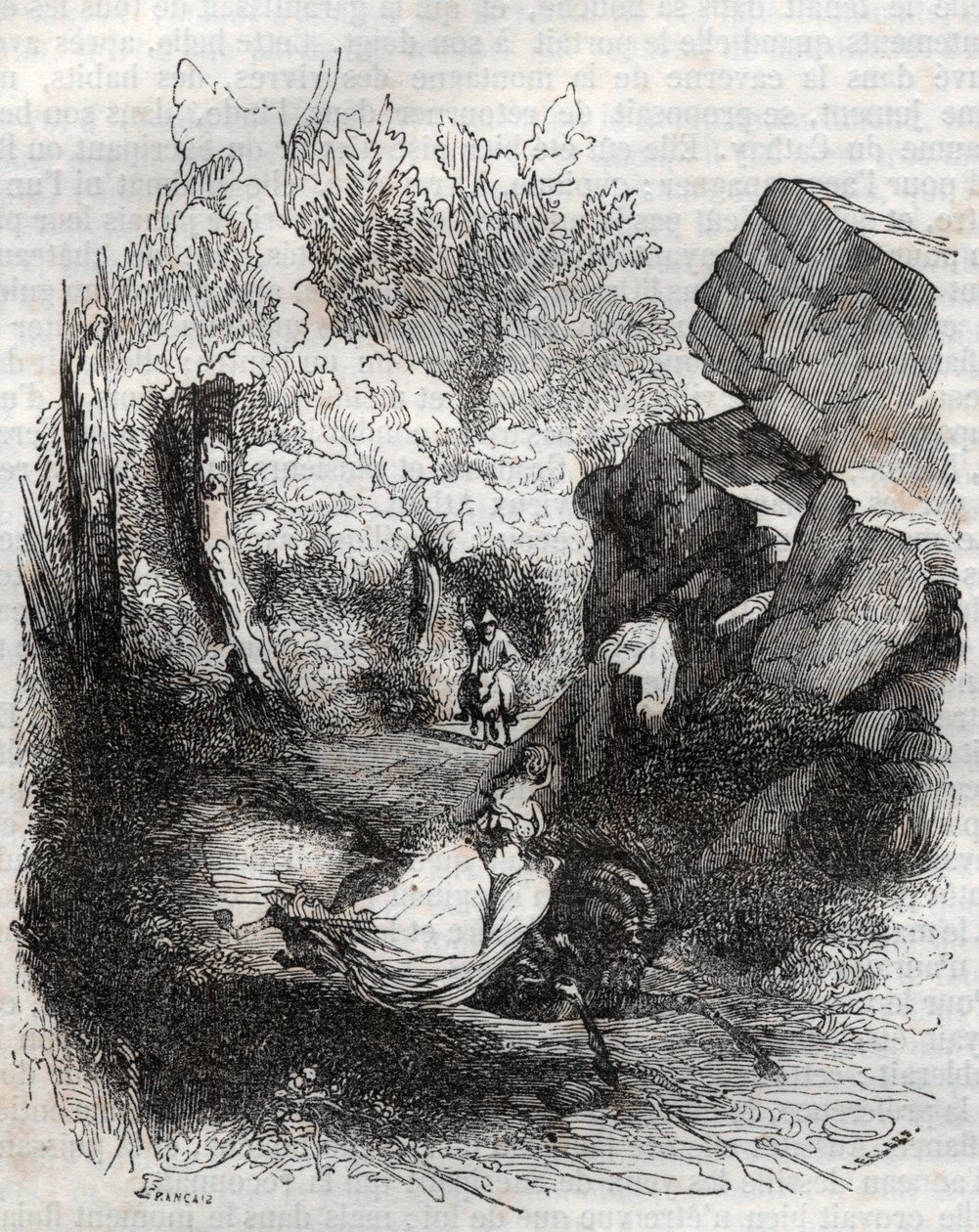 Angelique (Angelica) på flukt fra den gamle eremitten - gravering av 1851 fra "" Furious Roland"" (Orlando furioso) (1500-tallet) av Ludovico Ariosto, kjent som Ariosta - utgave oversatt fra italiensk av greven av Tressan og utgitt av Gustave Harvard 1 av Unknown artist