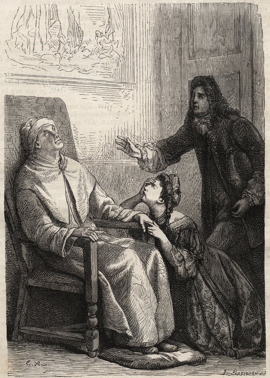 Angelique kneels to her father whom she believes dead - engraving for Jean Baptiste Poquelin dit Moliere (1622-1673) (The Imaginary Invalid) av Unknown artist