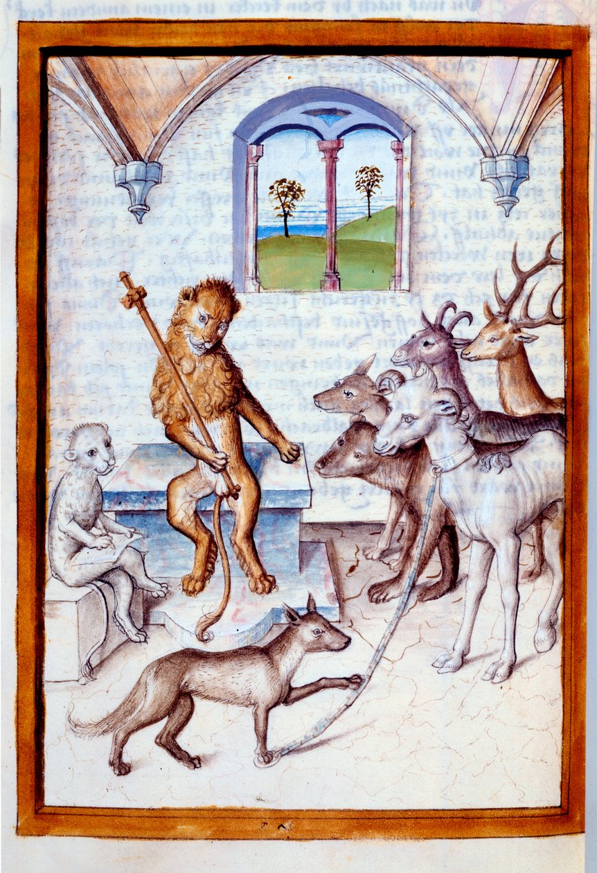 Dyr i menneskers holdning: Løven, dyrenes konge, gir ordre til geiter, hjort, hjort og hjort hjelper et kattedyr i stillingen som skriver. Miniatyr fra Bidpais "Fables" oversatt til tysk av Unknown artist