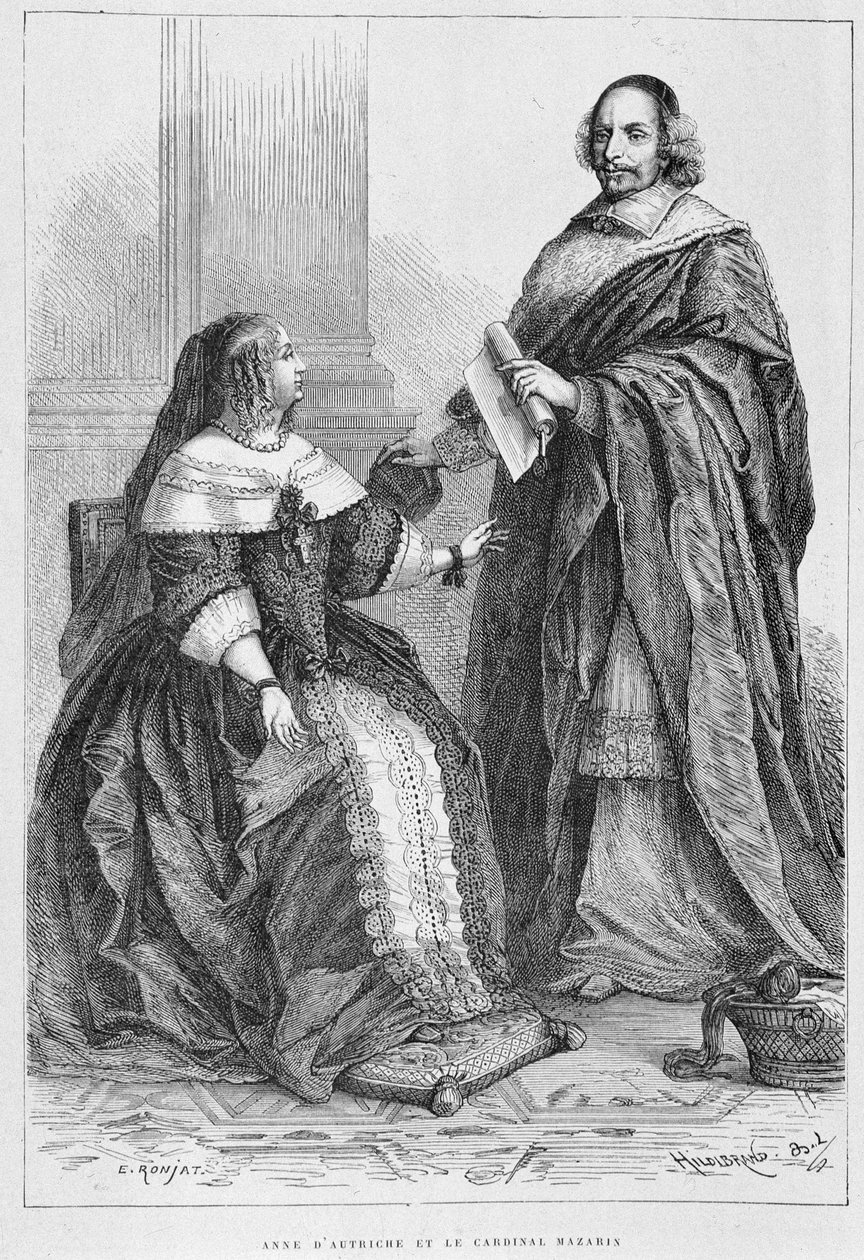 Anne av Østerrike og kardinal Jules Mazarin (1602-1661) - Grav., i "Histoire de France fra de fjerneste tider til 1789" av M. Guizot av Unknown artist