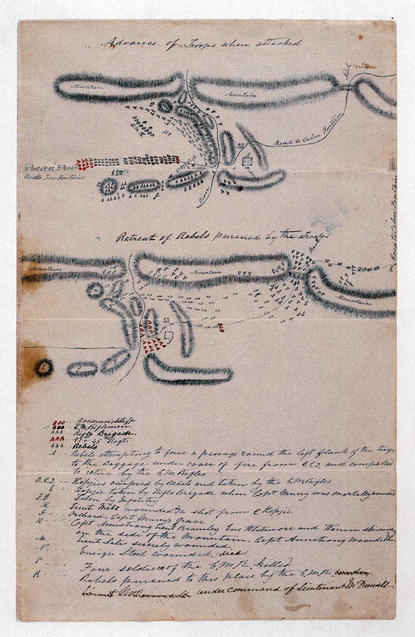 Kommentert skissekart over slaget ved Boomplaats, 29. august 1848 (papir) av Unknown artist