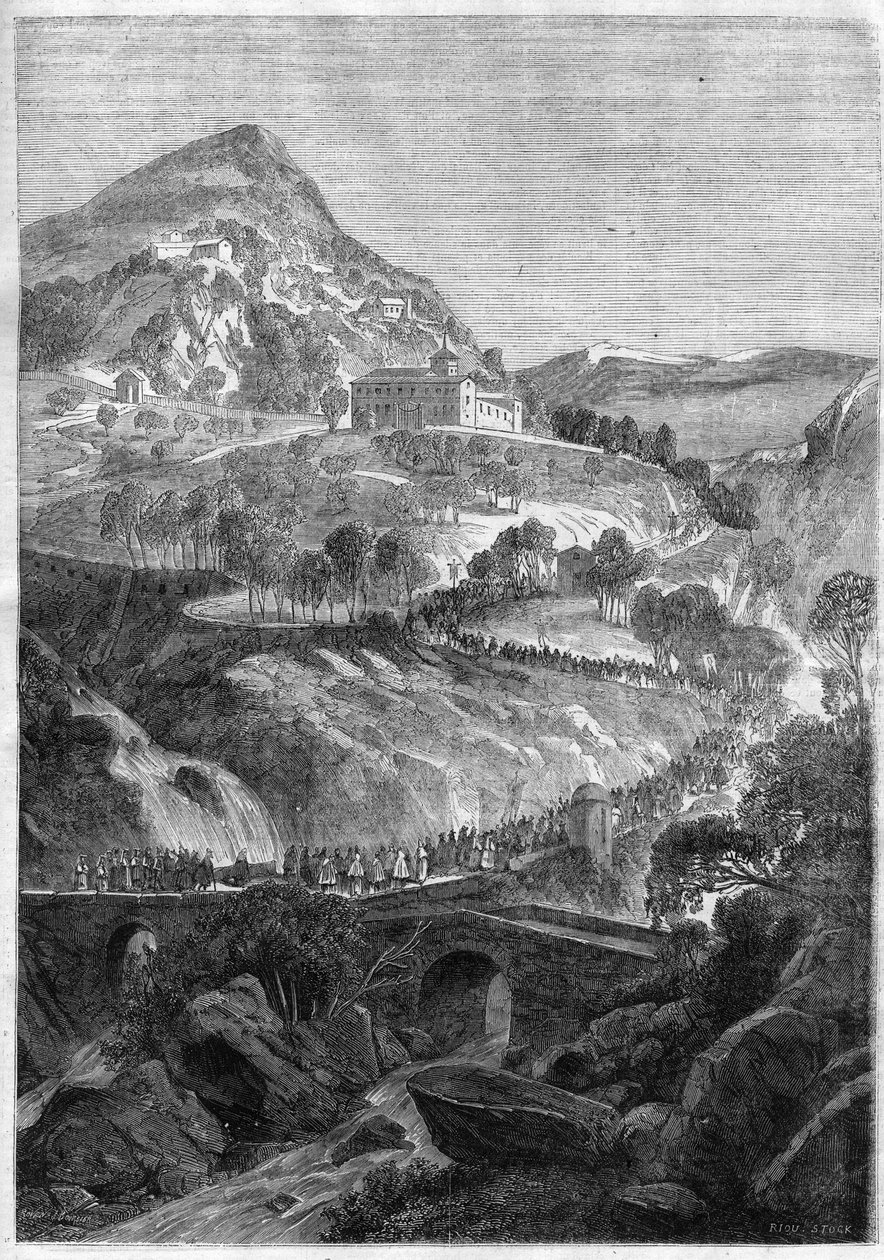 Årlig pilegrimsreise 21. mars ved klosteret St. Benedict på Mount Cavo (Colli Albani) nær Roma - Gravering av 1868 av Unknown artist