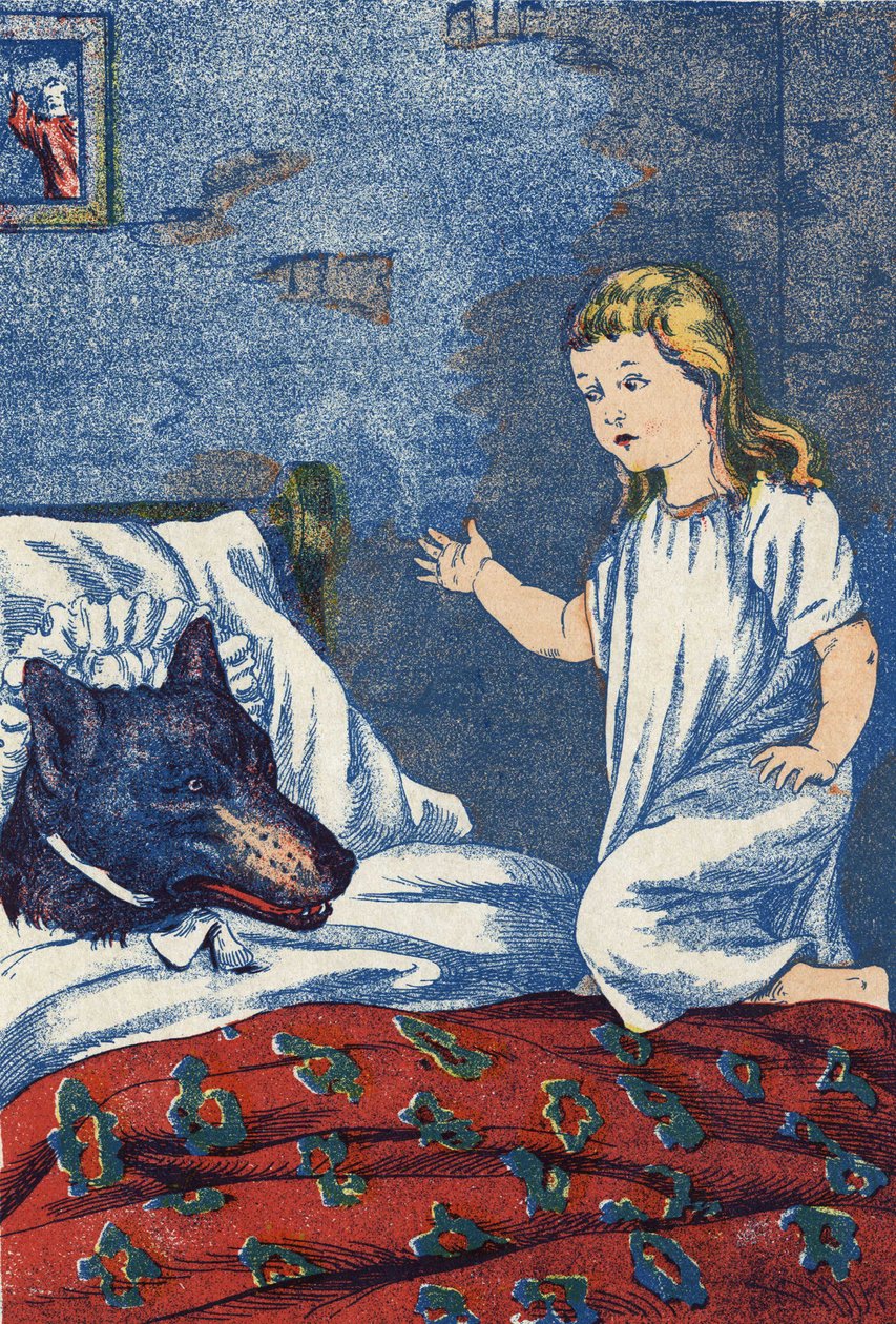Anonym illustrasjon for "Den lille rødhette", fortelling av Charles Perrault (1628-1703), fransk forfatter. Bilder Marcel Vagne, Jarville Nancy, udatert (slutten av 1800-tallet). av Unknown artist