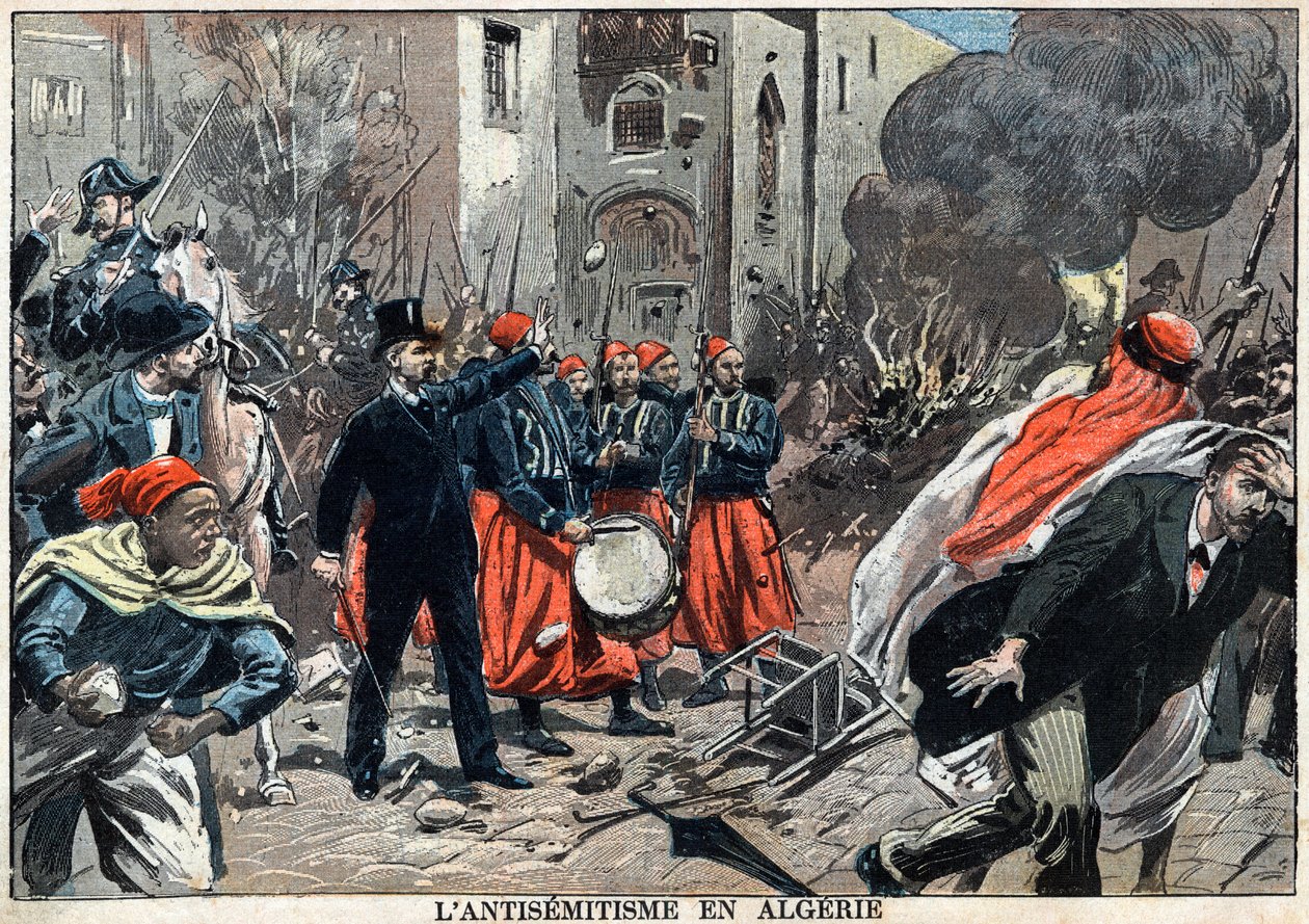Antisemittisme i Algerie i 1898 - I Alger fant antisemittismeprotester sted, generalguvernør Louis Lepine grep inn for å stoppe plyndringen av jødiske butikker, en illustrasjon fra avisen "" Le-Pelerin"" av 6. februar av Unknown artist